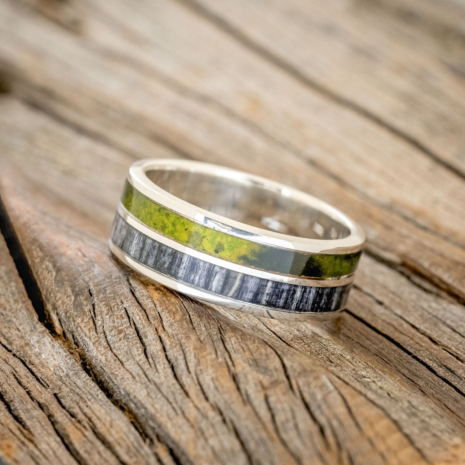 "DYAD" - MOSSY PATINA COPPER & GREY BIRCH WOOD WEDDING BAND-5
