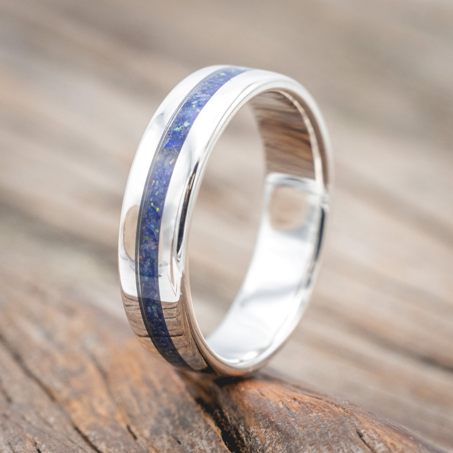 "NIRVANA" - WEDDING BAND WITH MIXED LAPIS LAZULI & FIRE & ICE OPAL INLAY-Staghead Designs