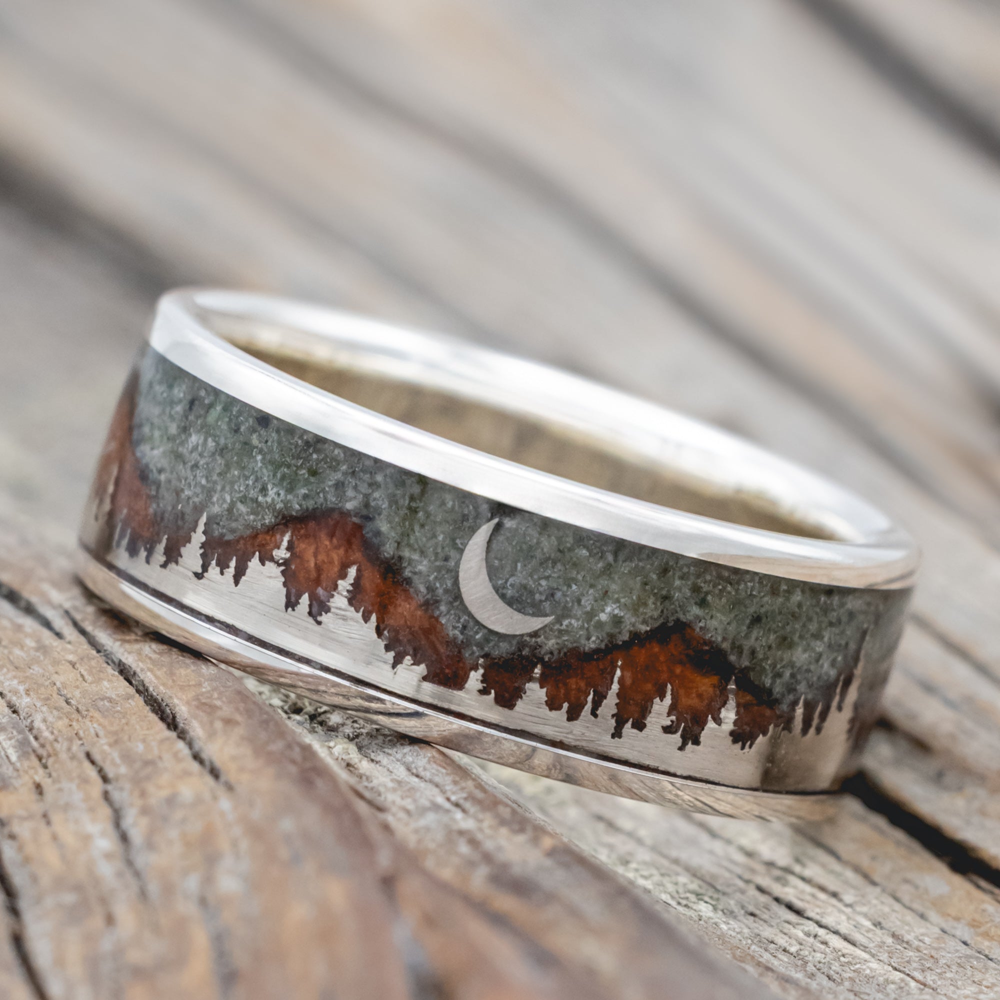 "Orion" - Moss Agate & Redwood Mountain Range Wedding Band With 14K Gold Tree & Crescent Moon Accents-Staghead Designs