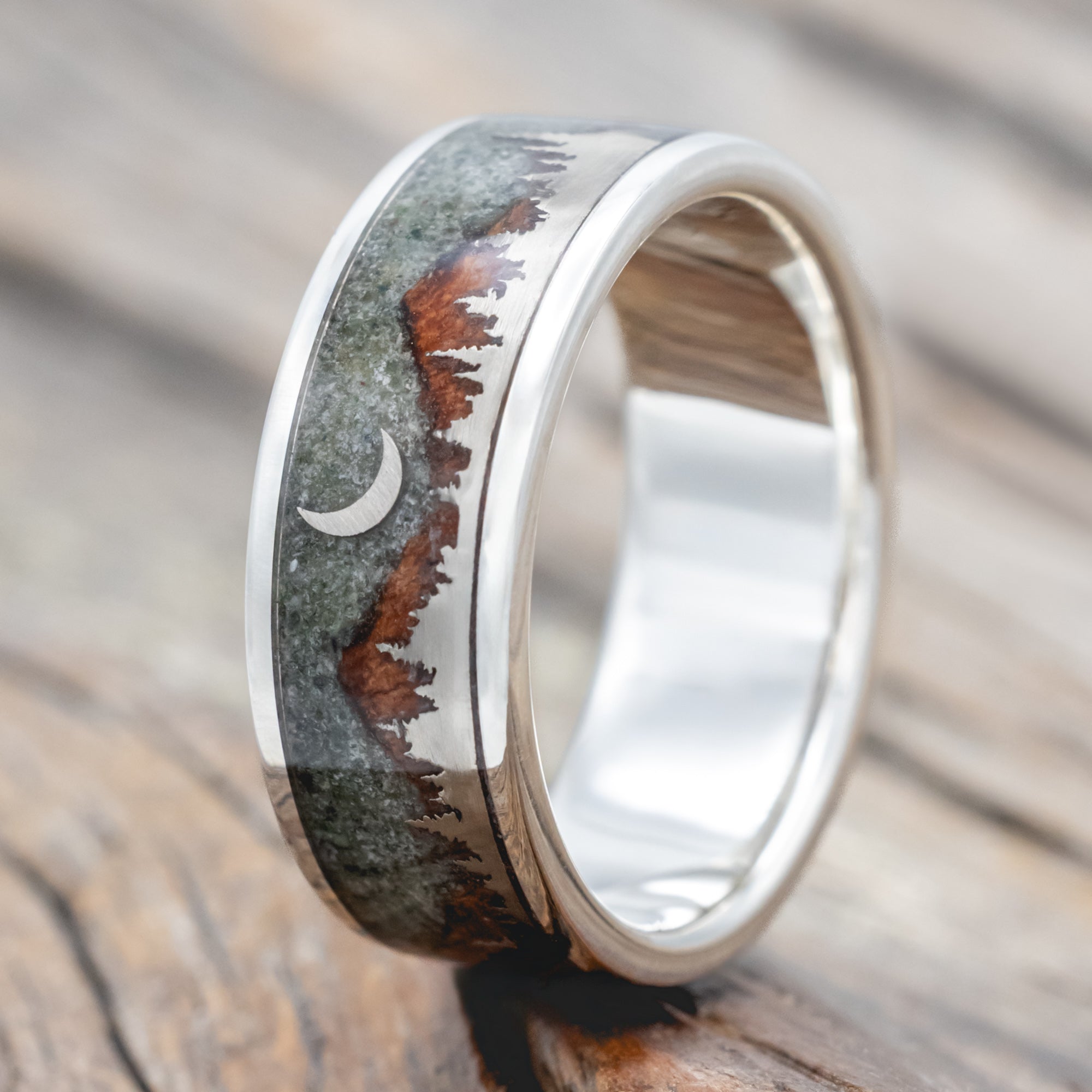 "Orion" - Moss Agate & Redwood Mountain Range Wedding Band With 14K Gold Tree & Crescent Moon Accents-Staghead Designs