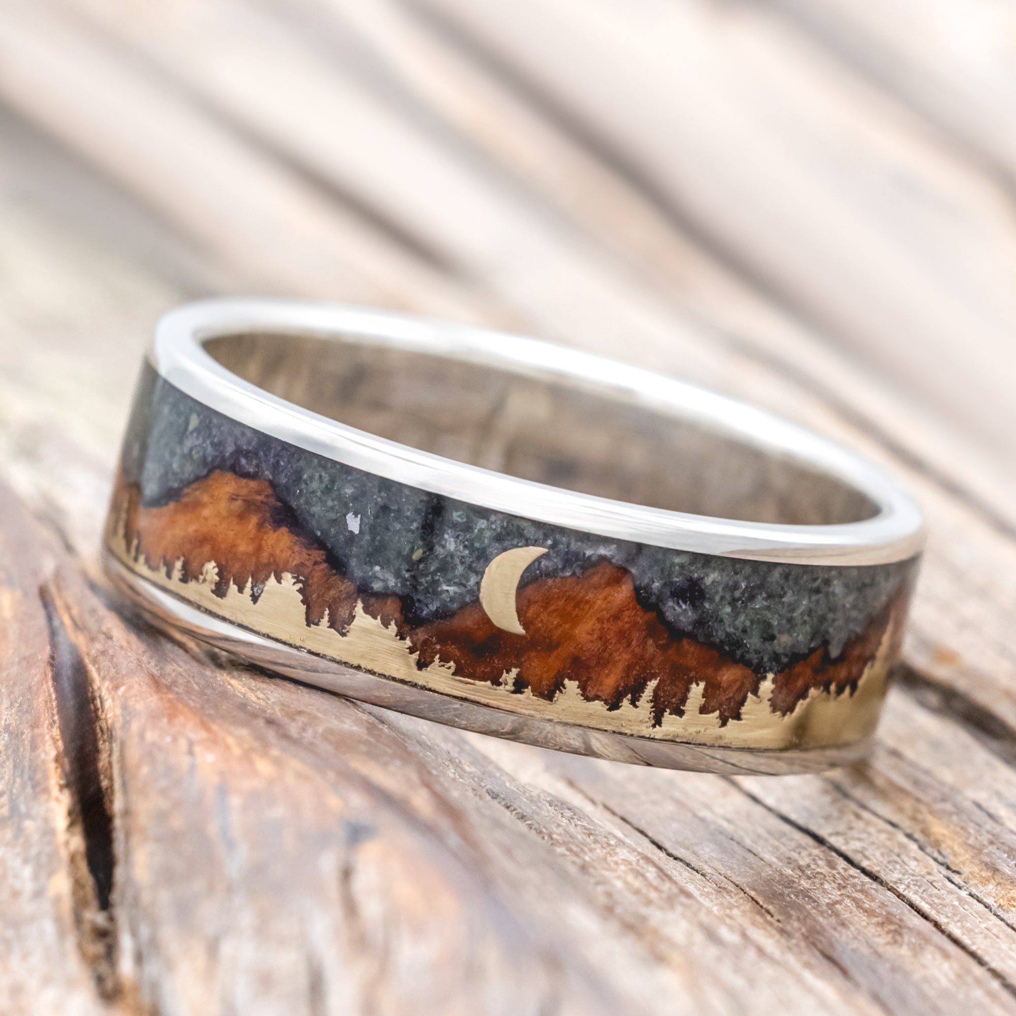 "ORION" - MOSS AGATE & REDWOOD TETON MOUNTAIN RANGE WEDDING BAND WITH 14K GOLD TREE & CRESCENT MOON ACCENTS-Staghead Designs