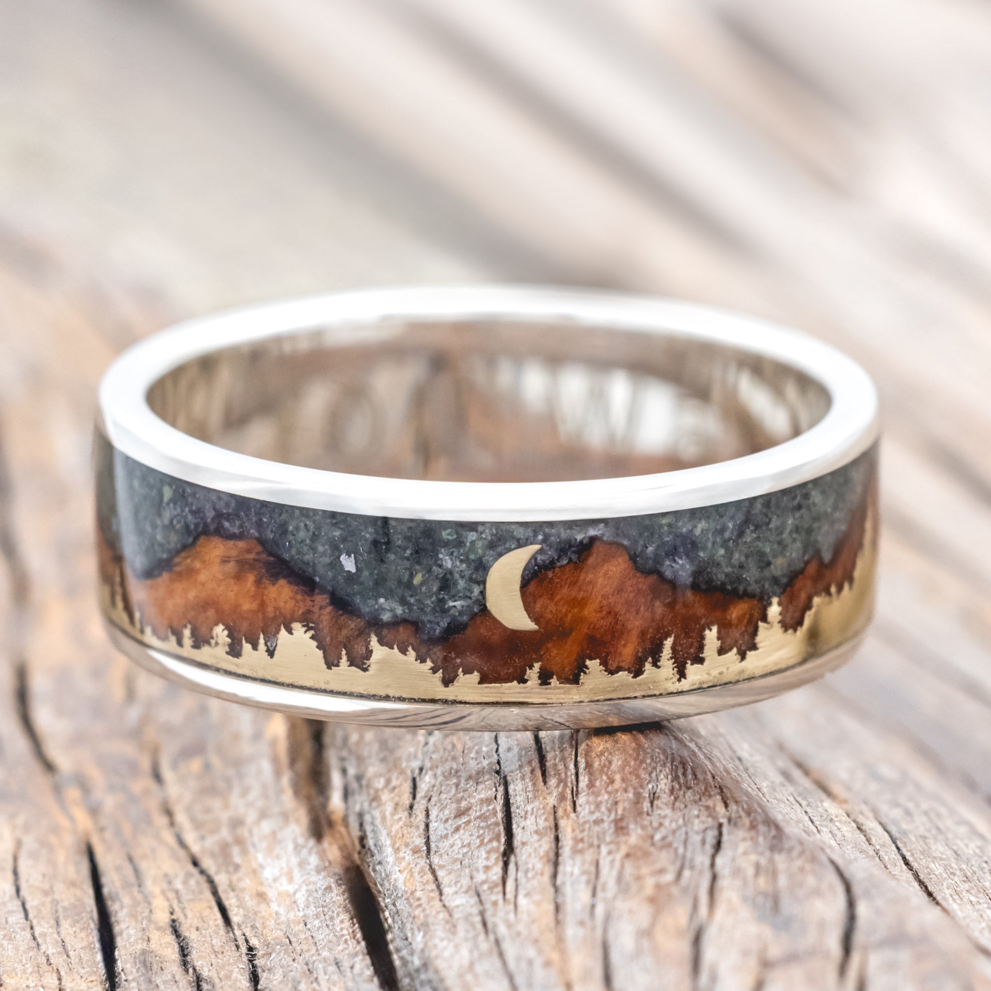 "ORION" - MOSS AGATE & REDWOOD TETON MOUNTAIN RANGE WEDDING BAND WITH 14K GOLD TREE & CRESCENT MOON ACCENTS-Staghead Designs