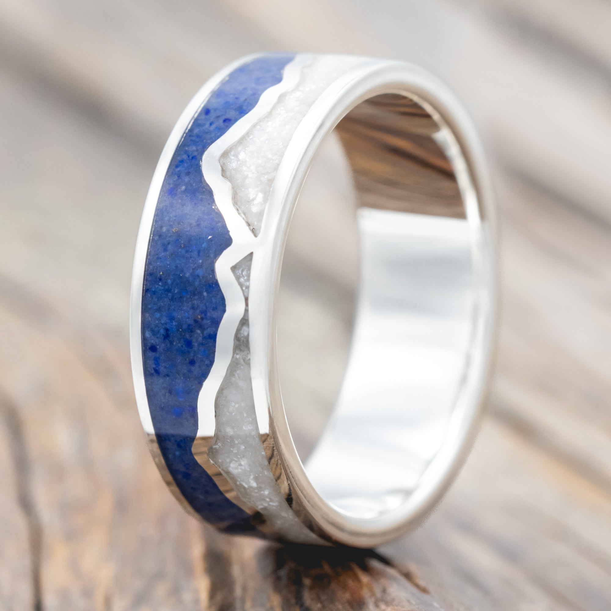 "Peak" - Diamond Dust & Lapis Lazuli Inlay With Mountain Range Wedding Band-Staghead Designs