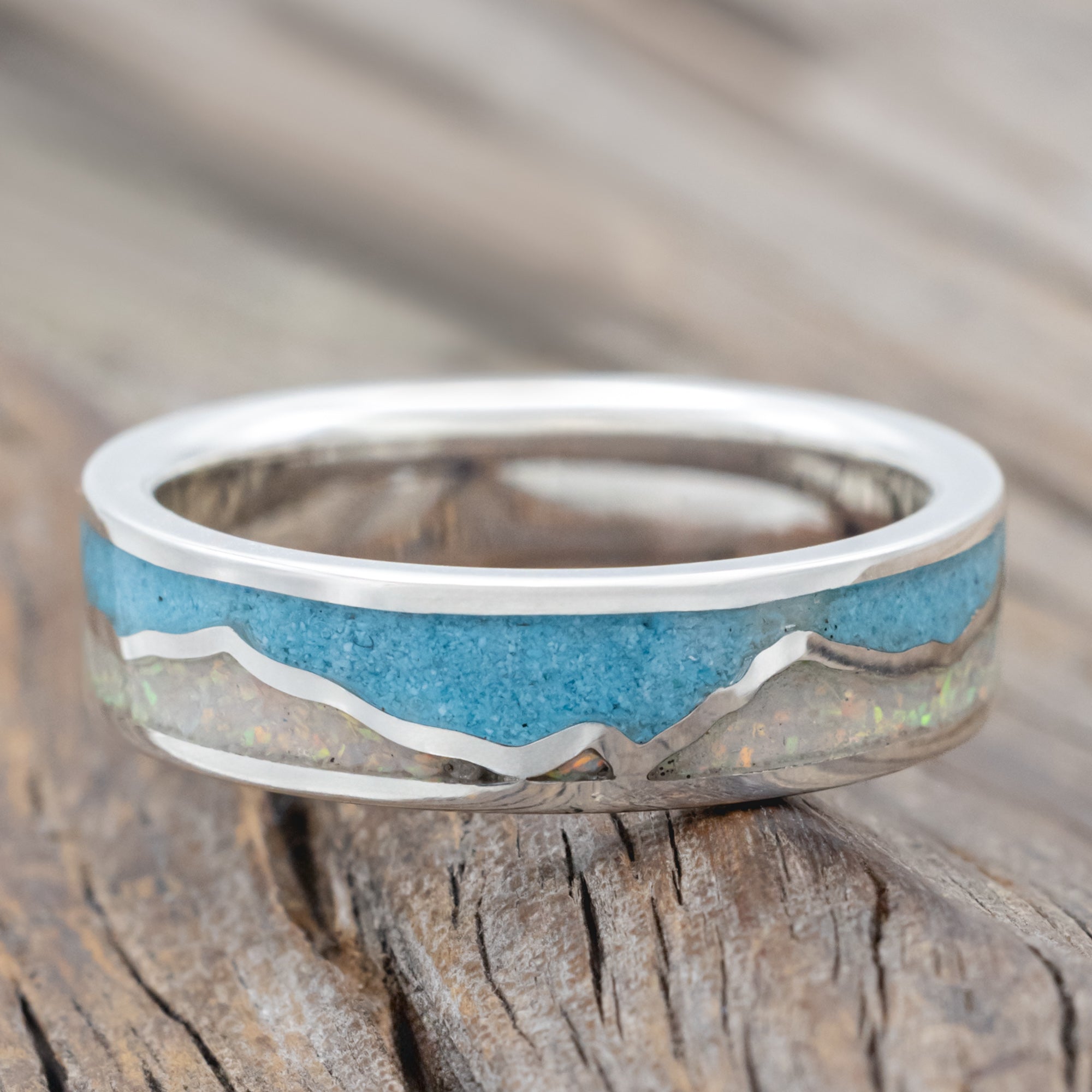 "Peak" - White Opal & Turquoise Inlay With Silver Mountain Range Wedding Band-Staghead Designs