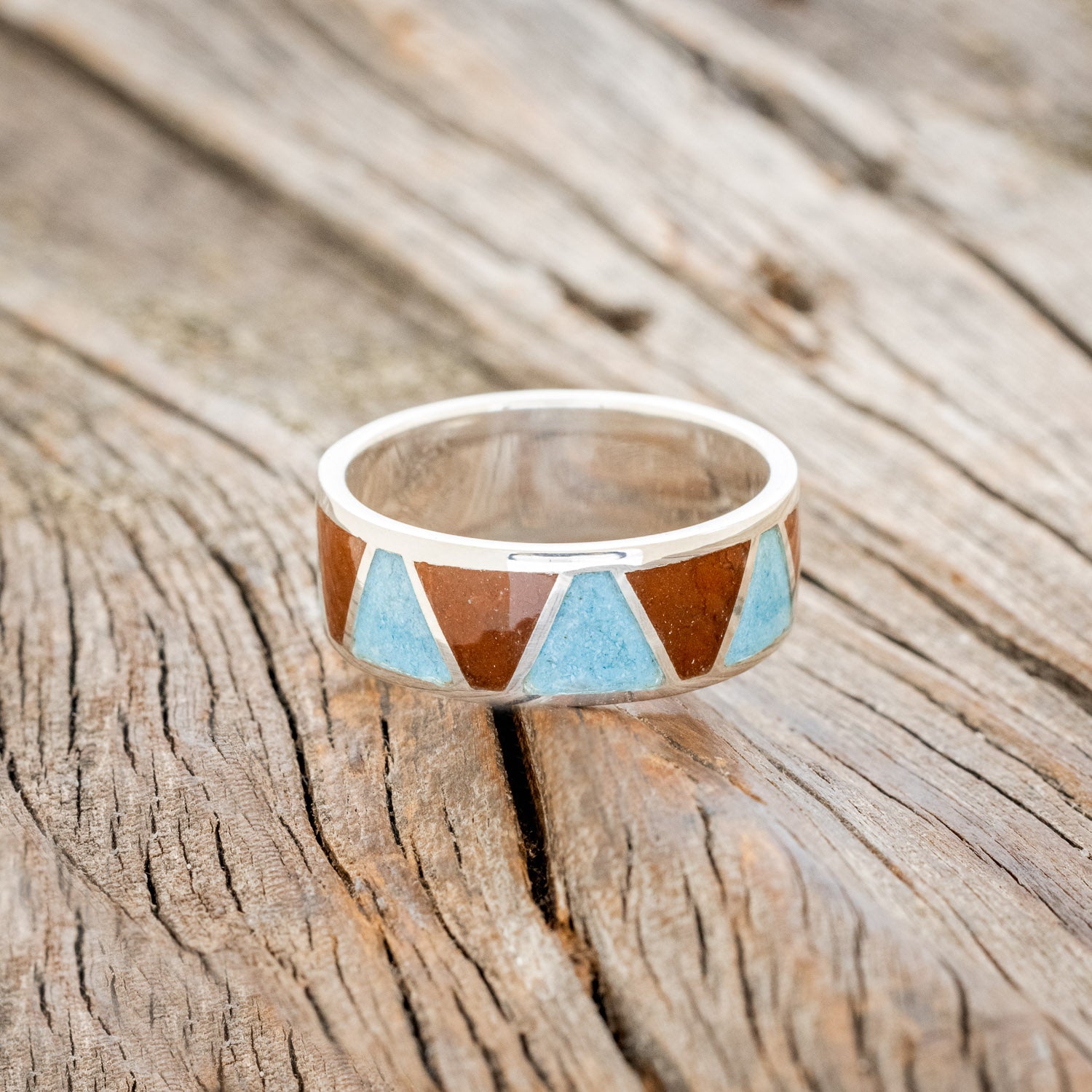 "POWELL" - MATCHING SET OF TERRACOTTA & TURQUOISE WEDDING BANDS-10