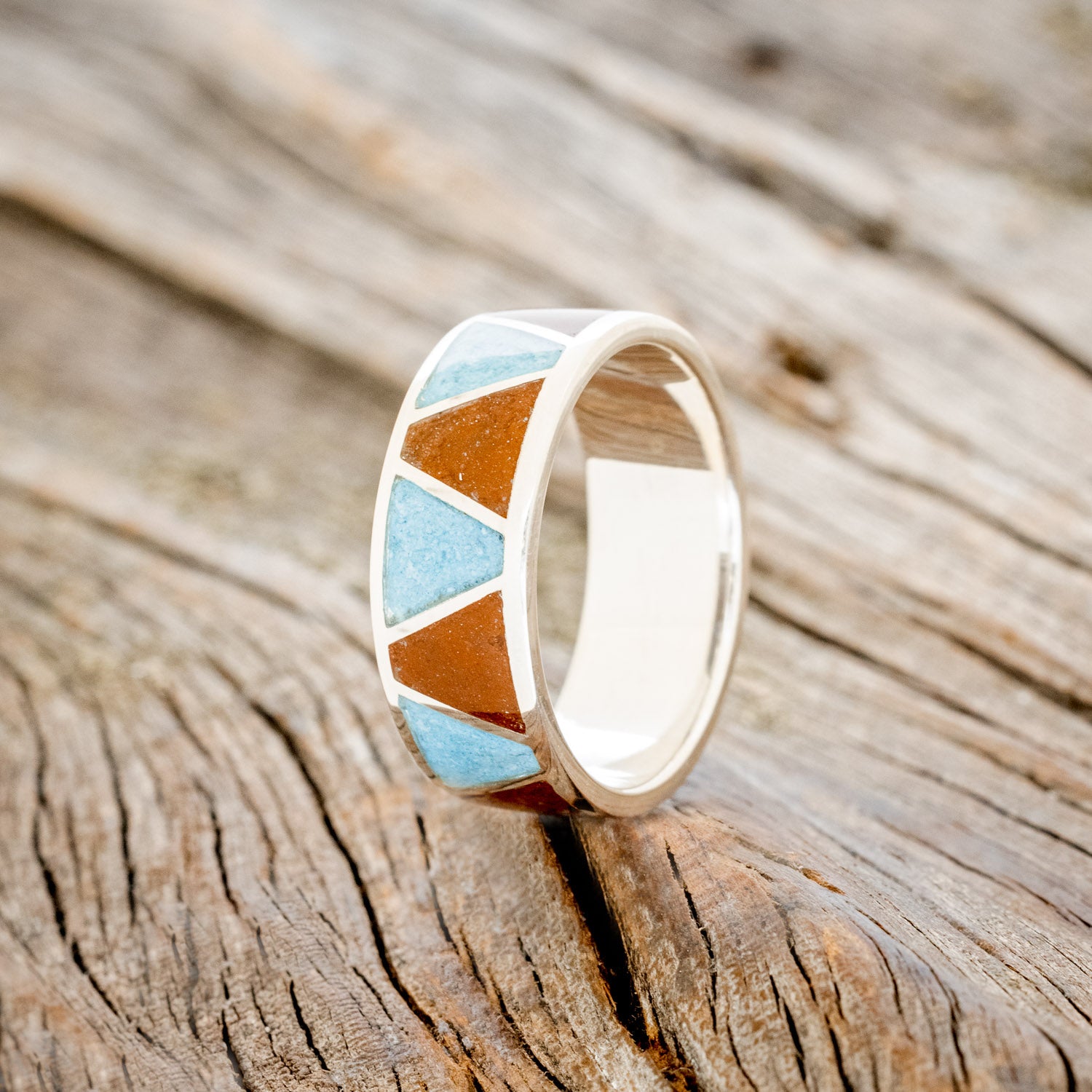 "POWELL" - MATCHING SET OF TERRACOTTA & TURQUOISE WEDDING BANDS-8