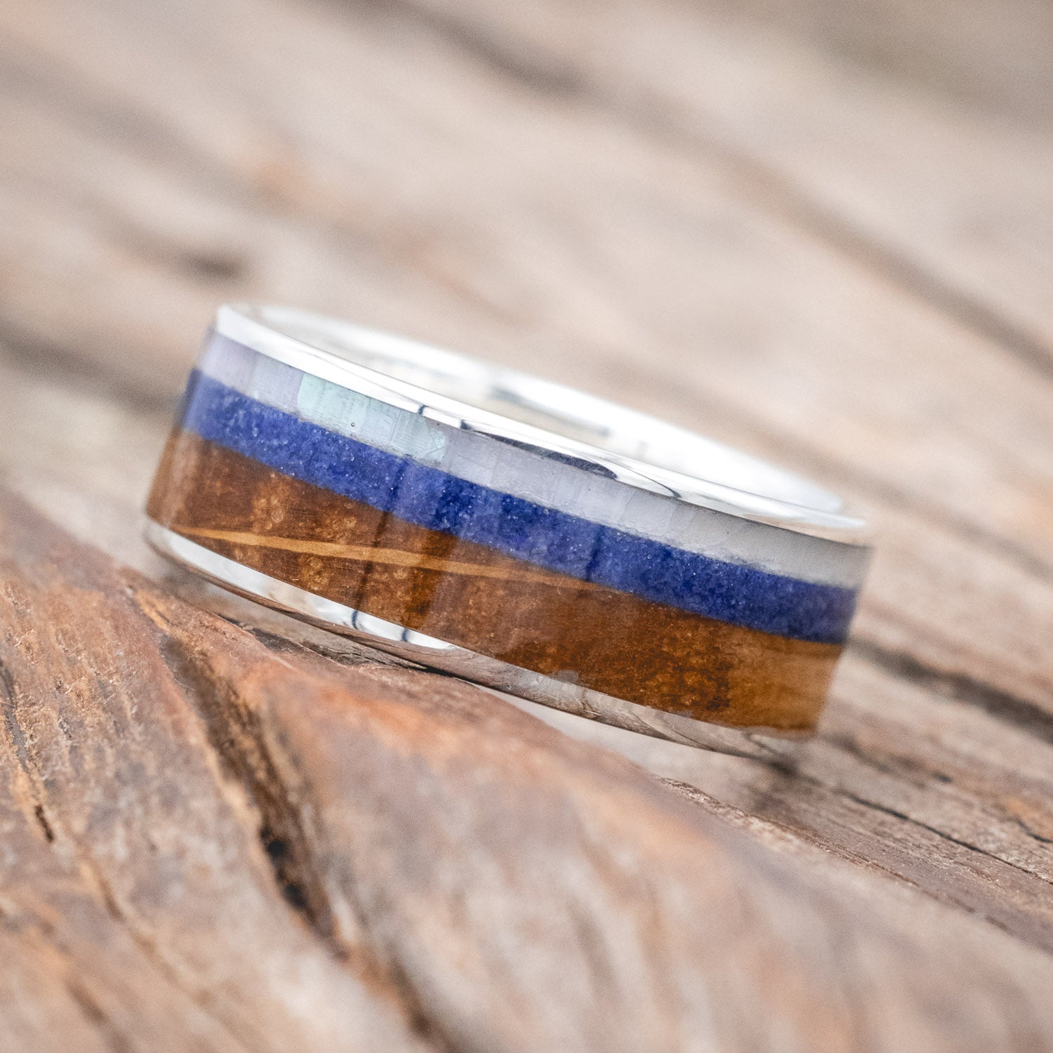 "RAINIER" - MOTHER OF PEARL, LAPIS LAZULI & WHISKEY BARREL OAK WEDDING BAND-Staghead Designs