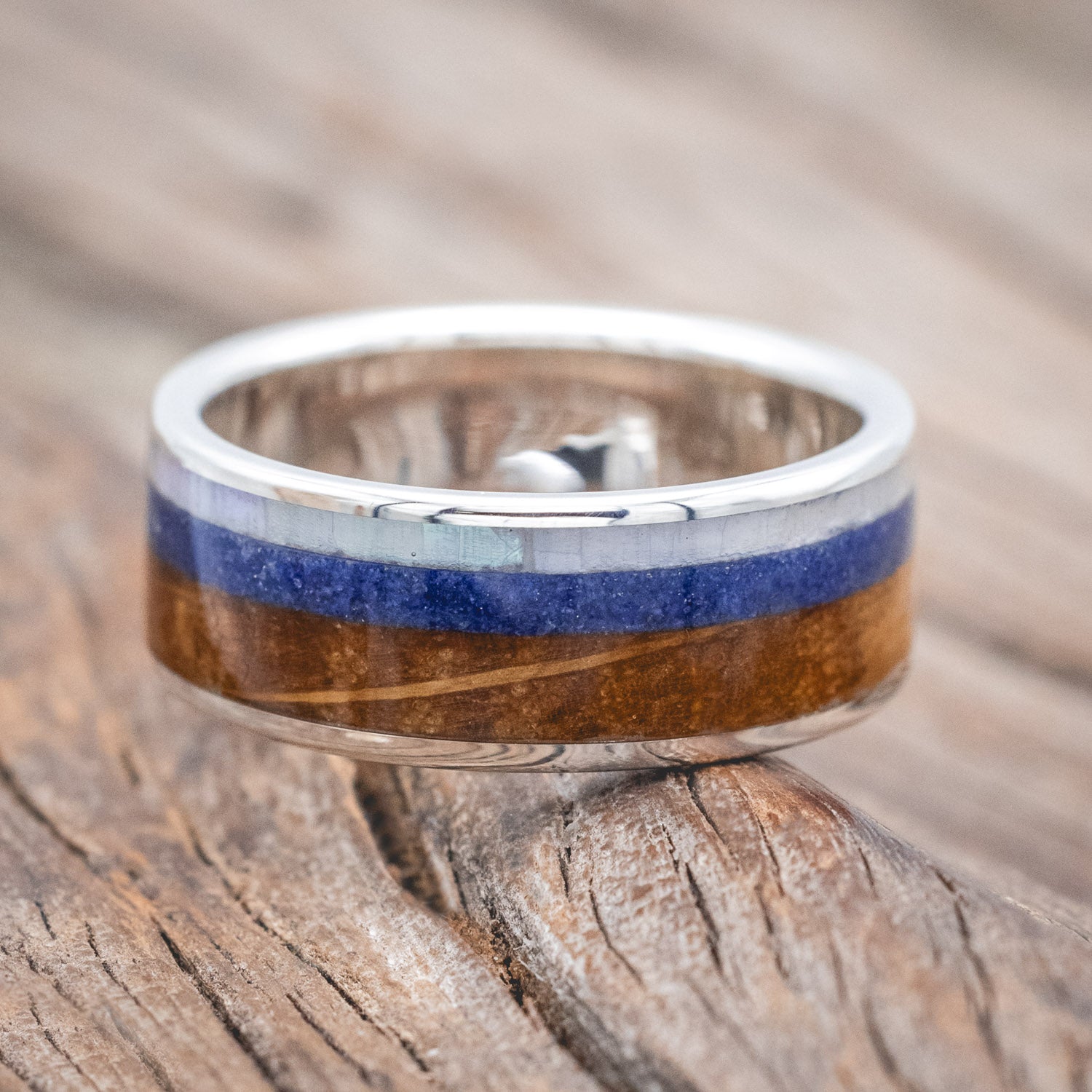 "RAINIER" - MOTHER OF PEARL, LAPIS LAZULI & WHISKEY BARREL OAK WEDDING BAND-Staghead Designs
