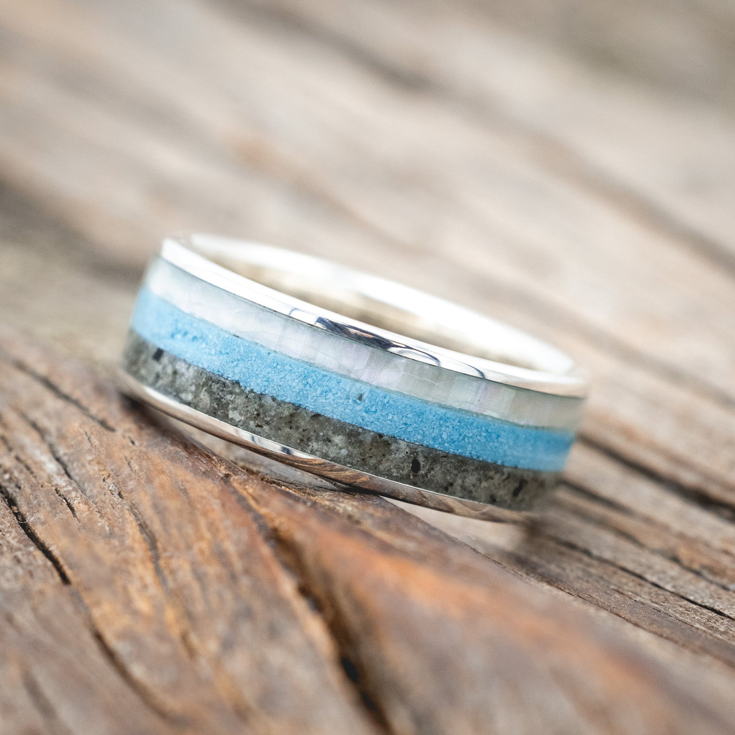 "RAINIER" - MOTHER OF PEARL, TURQUOISE & CRUSHED MOONSTONE WEDDING BAND-Staghead Designs