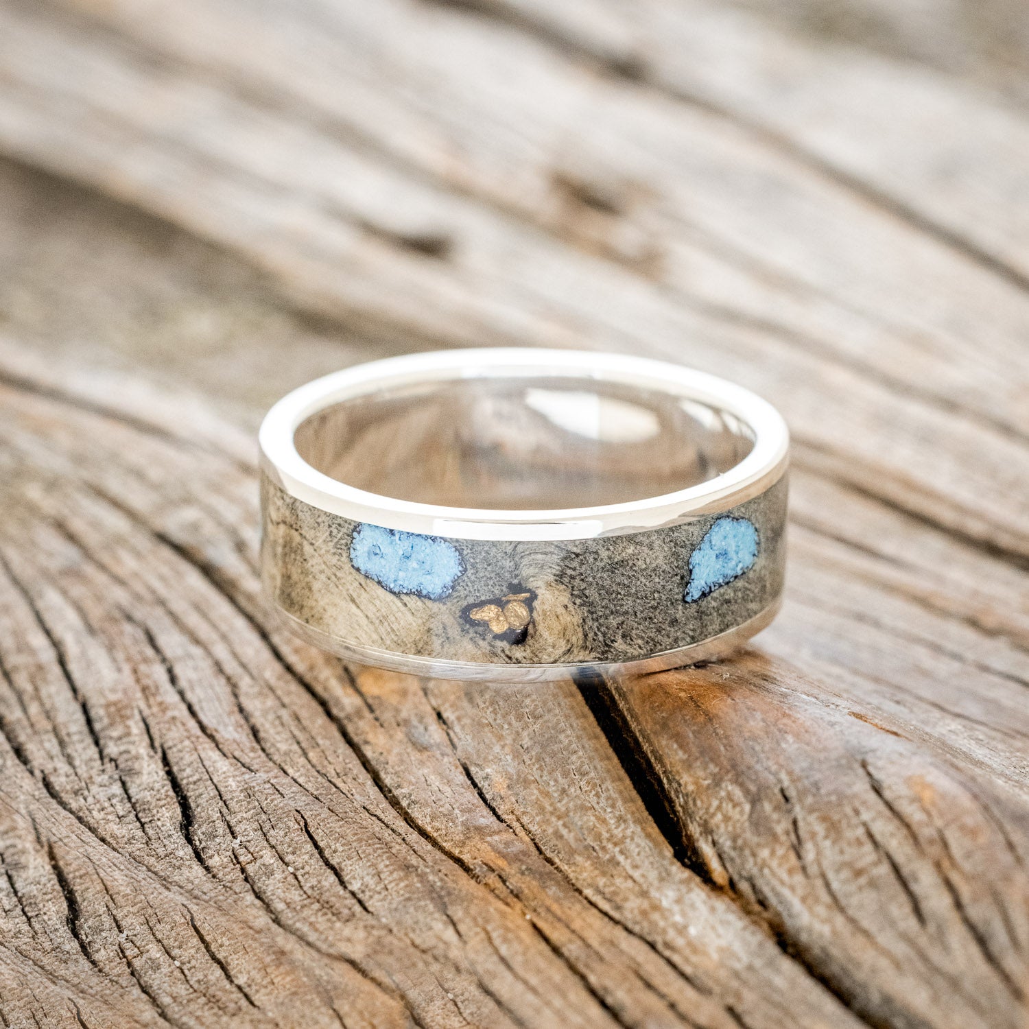 "RAINIER" - BUCKEYE BURL WOOD, GOLD NUGGETS & TURQUOISE WEDDING BAND-12