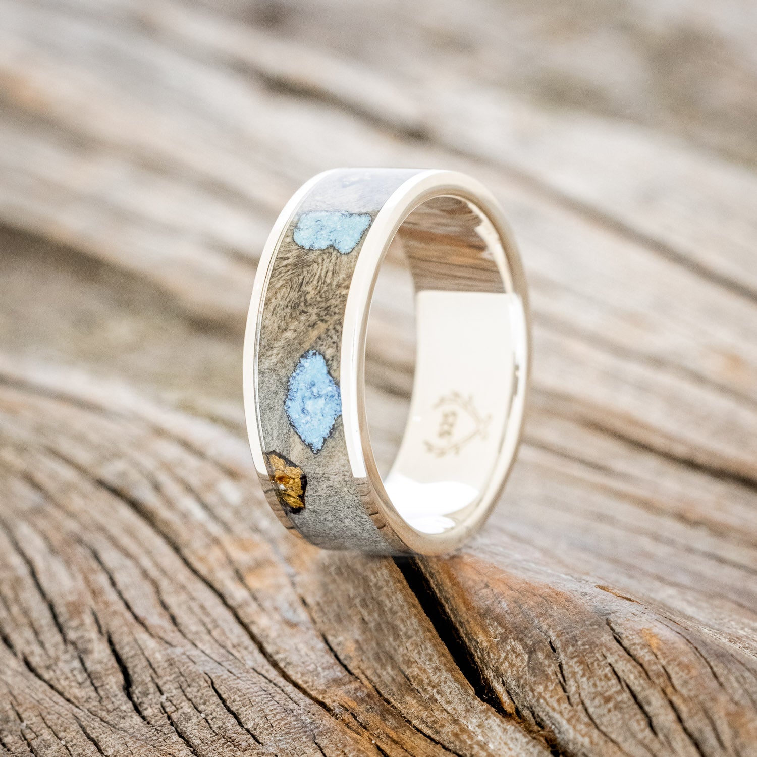 "RAINIER" - BUCKEYE BURL WOOD, GOLD NUGGETS & TURQUOISE WEDDING BAND-10