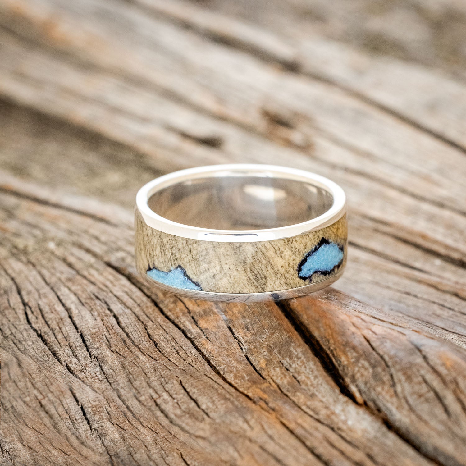 "RAINIER" - BUCKEYE BURL & TURQUOISE WEDDING BAND-9