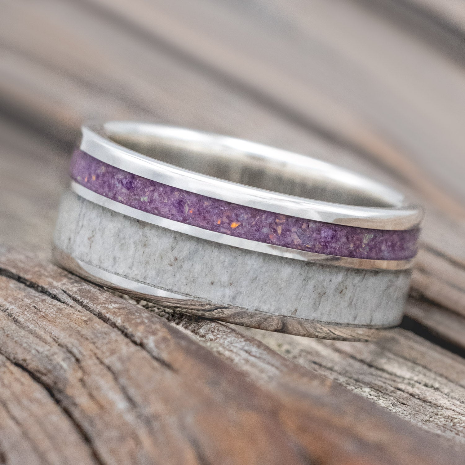 "RAPTOR" - ANTLER WITH SUGILITE & OPAL MIX WEDDING BAND-Staghead Designs