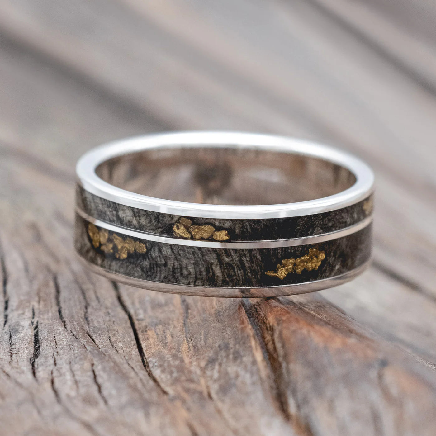"RAPTOR" - BUCKEYE BURL WOOD WITH GOLD NUGGET INLAYS WEDDING RING - SILVER - SIZE 12 1/2-Staghead Designs