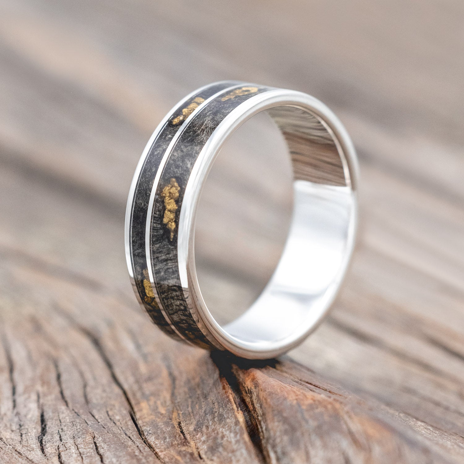 "RAPTOR" - BUCKEYE BURL WOOD WITH GOLD NUGGET INLAYS WEDDING RING-Staghead Designs