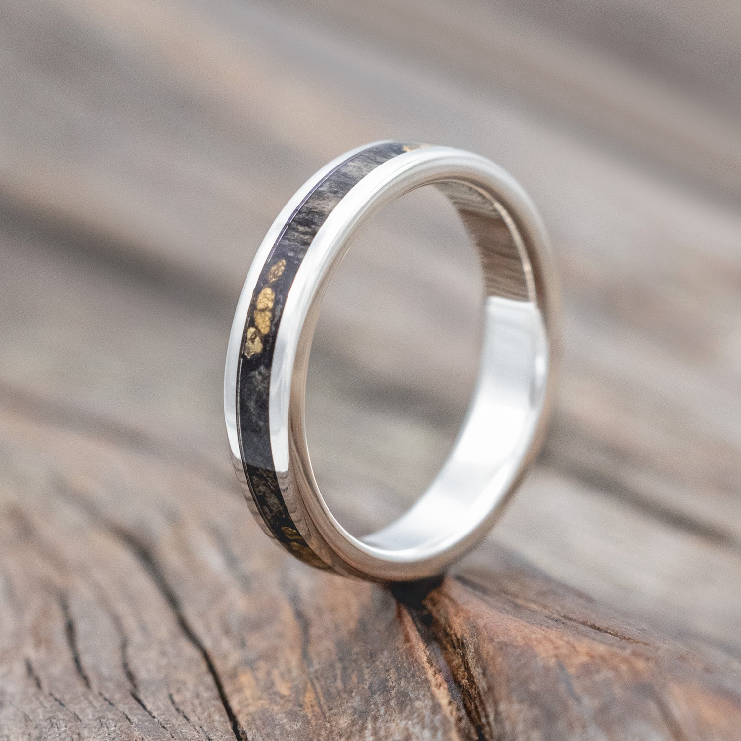 "RAPTOR" - MATCHING SET OF BUCKEYE BURL WOOD & GOLD NUGGETS WEDDING BANDS-Staghead Designs