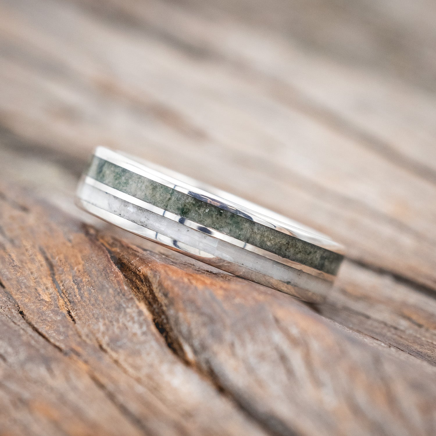 "RAPTOR" - MOTHER OF PEARL & CRUSHED MOSS AGATE WEDDING BAND-Staghead Designs