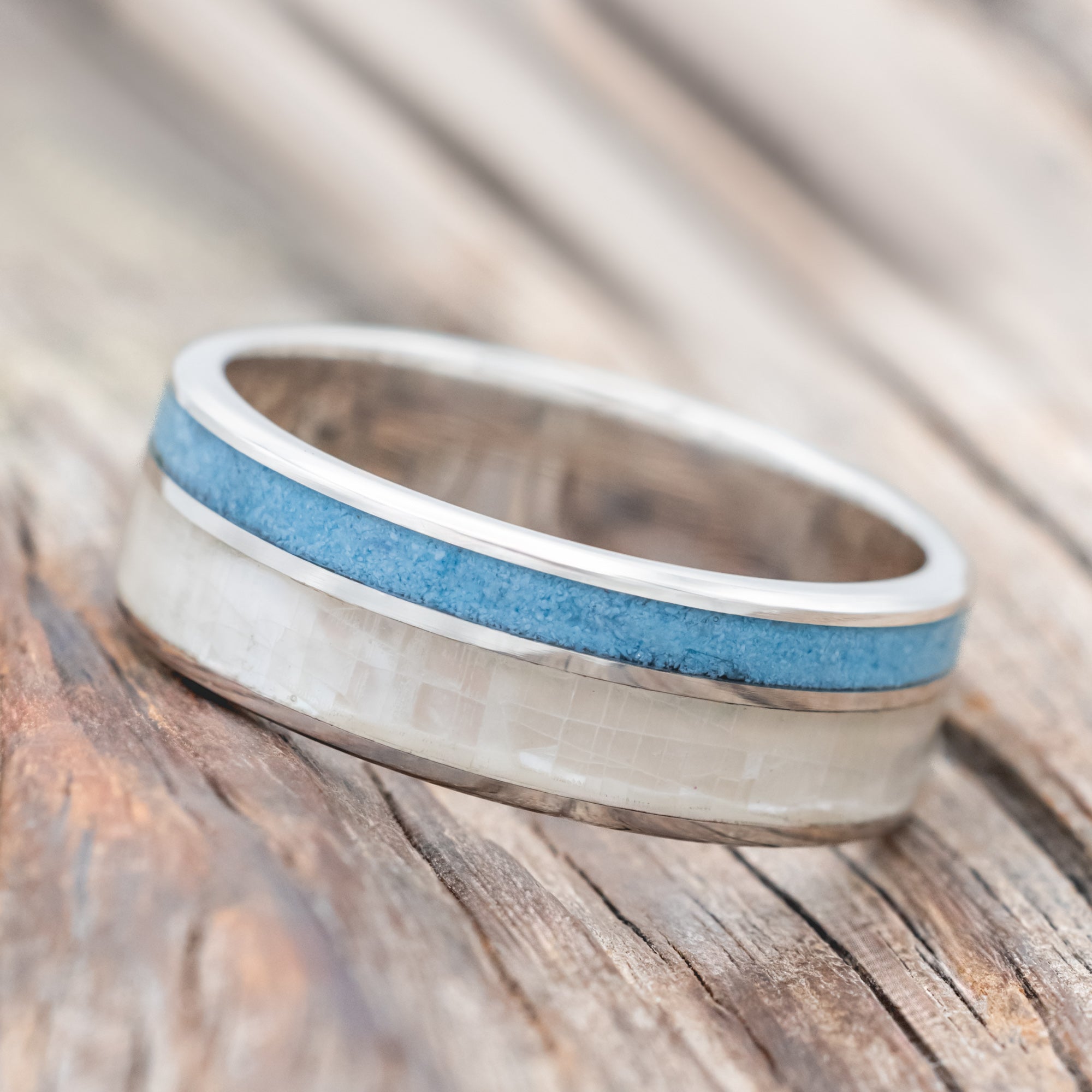 "RAPTOR" - MOTHER OF PEARL & TURQUOISE WEDDING BAND-Staghead Designs