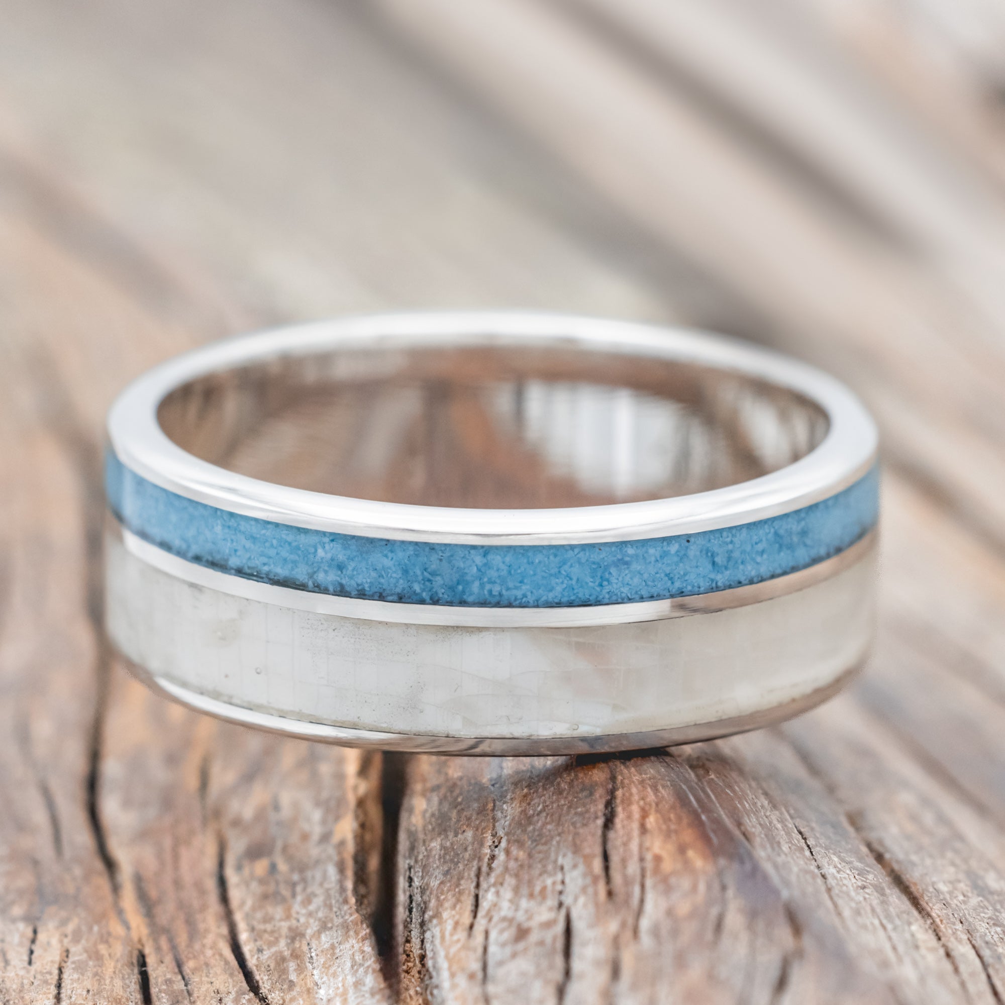 "RAPTOR" - MOTHER OF PEARL & TURQUOISE WEDDING BAND-Staghead Designs