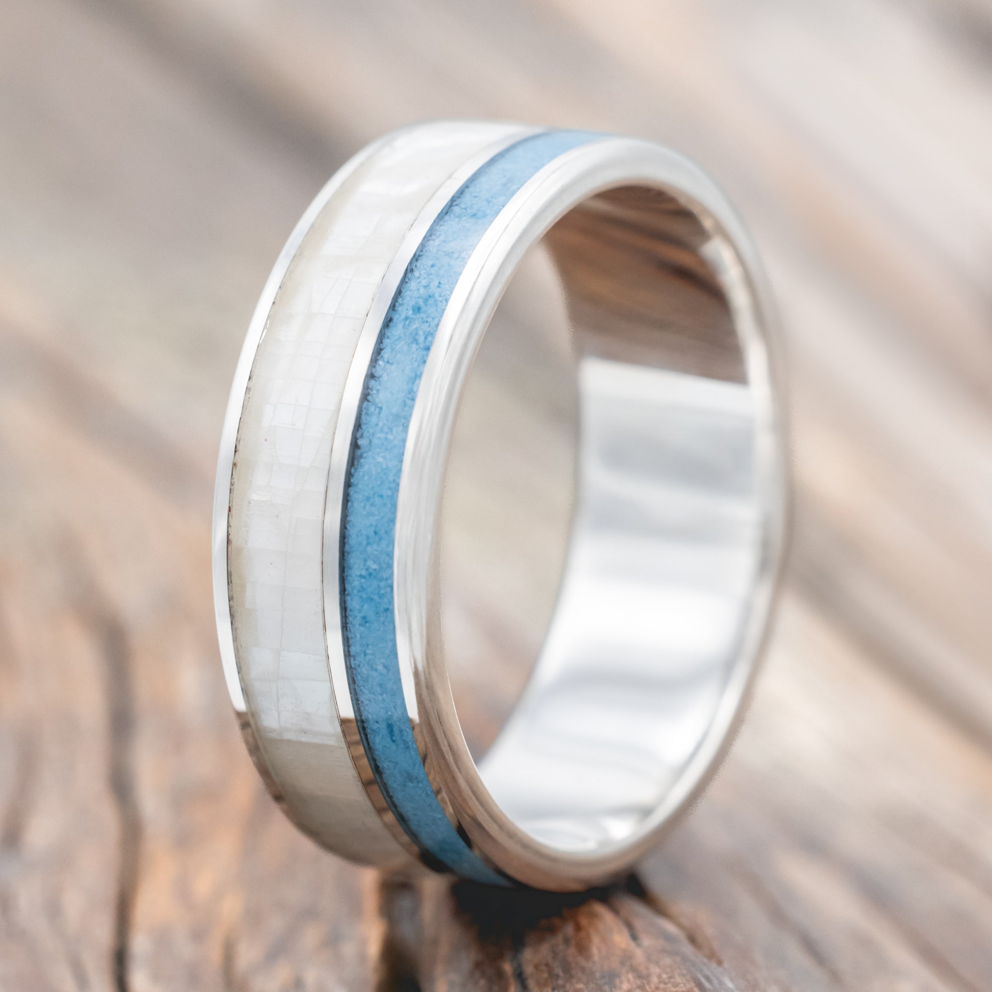 "RAPTOR" - MOTHER OF PEARL & TURQUOISE WEDDING BAND-Staghead Designs