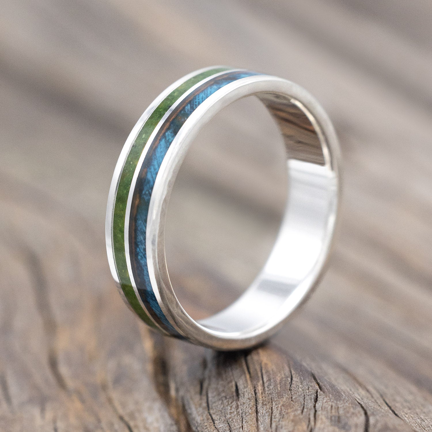 "RAPTOR" - PATINA COPPER WITH MOLDAVITE & MOSS MIX WEDDING MATCHING SET-Staghead Designs