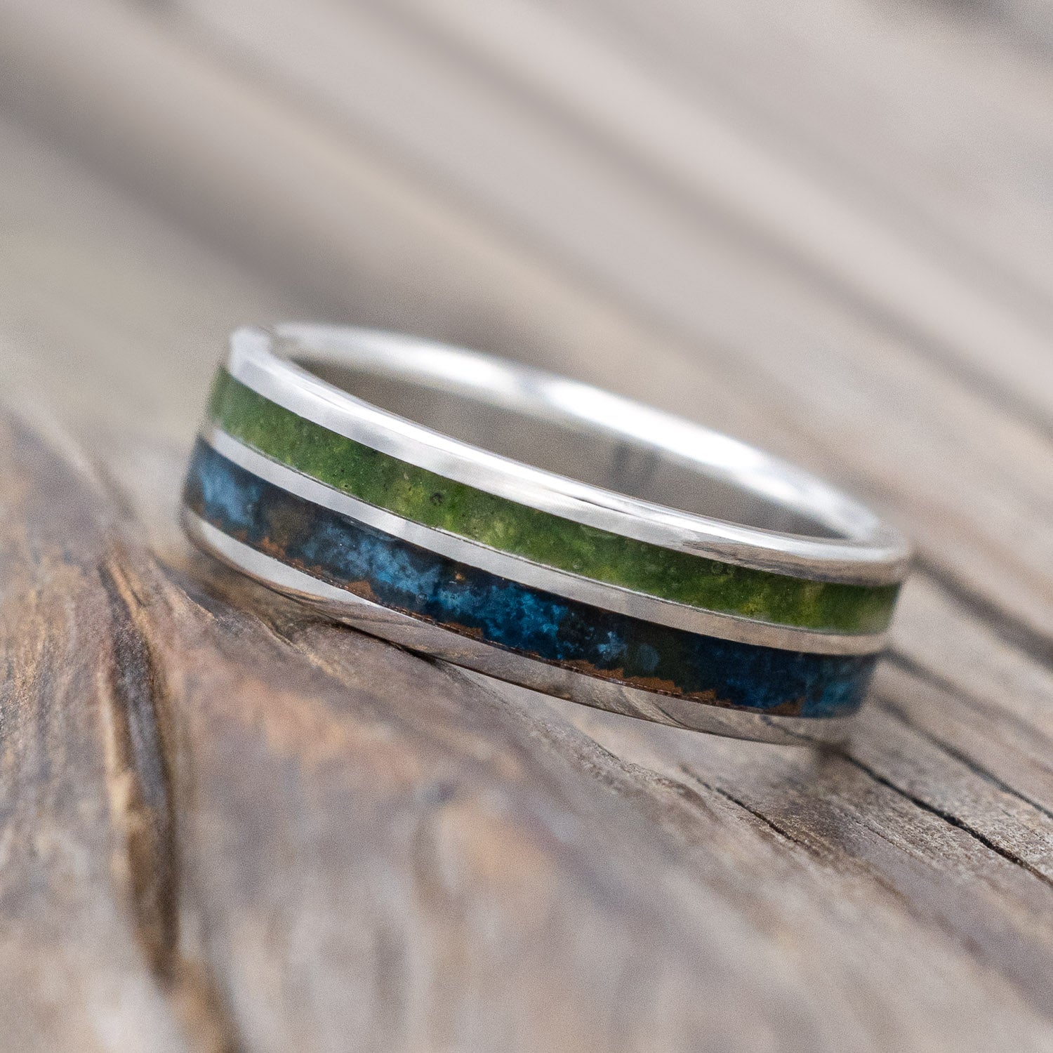 "RAPTOR" - PATINA COPPER WITH MOLDAVITE & MOSS MIX WEDDING BAND-Staghead Designs