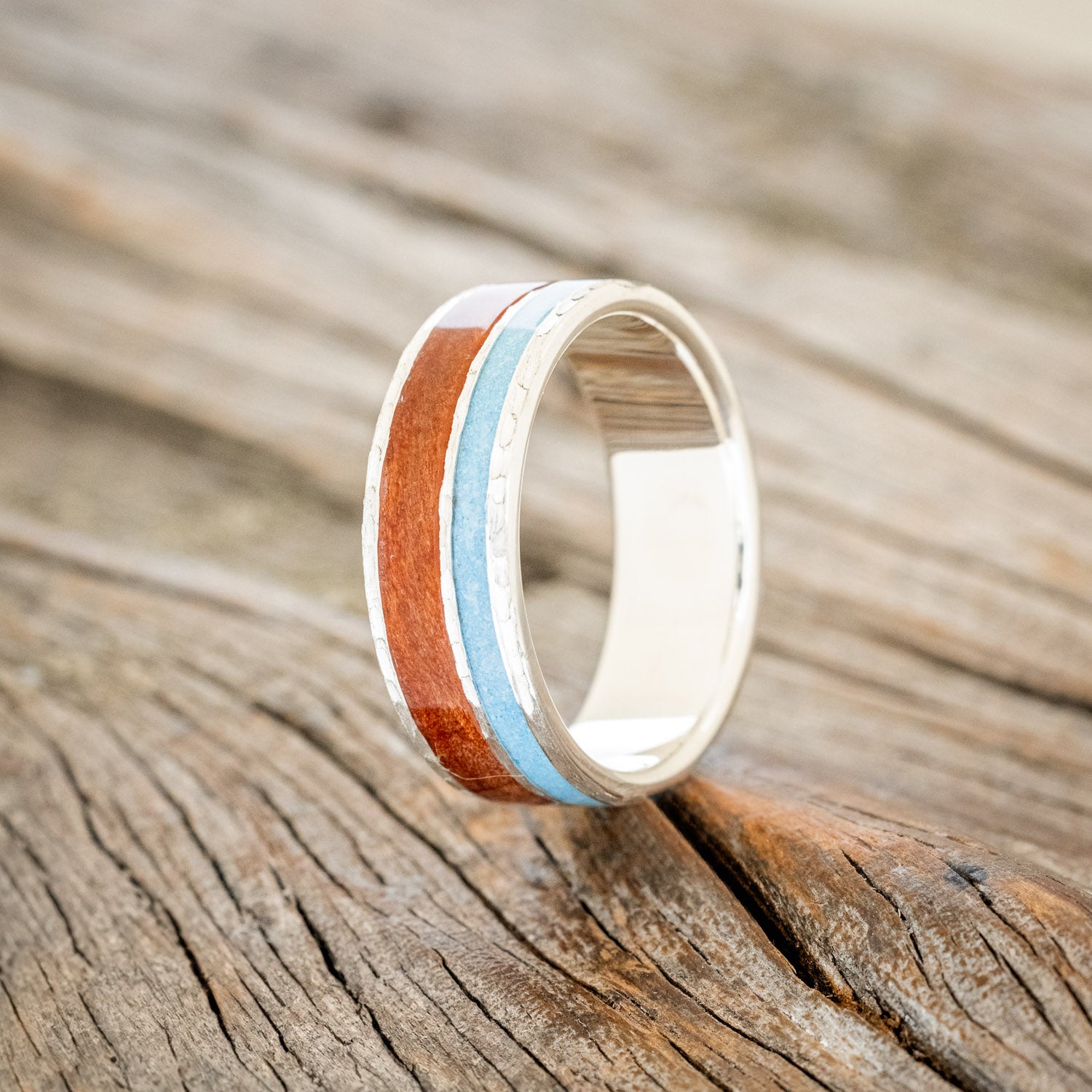 "RAPTOR" - REDWOOD & TURQUOISE WEDDING RING FEATURING A HAMMERED BAND-7