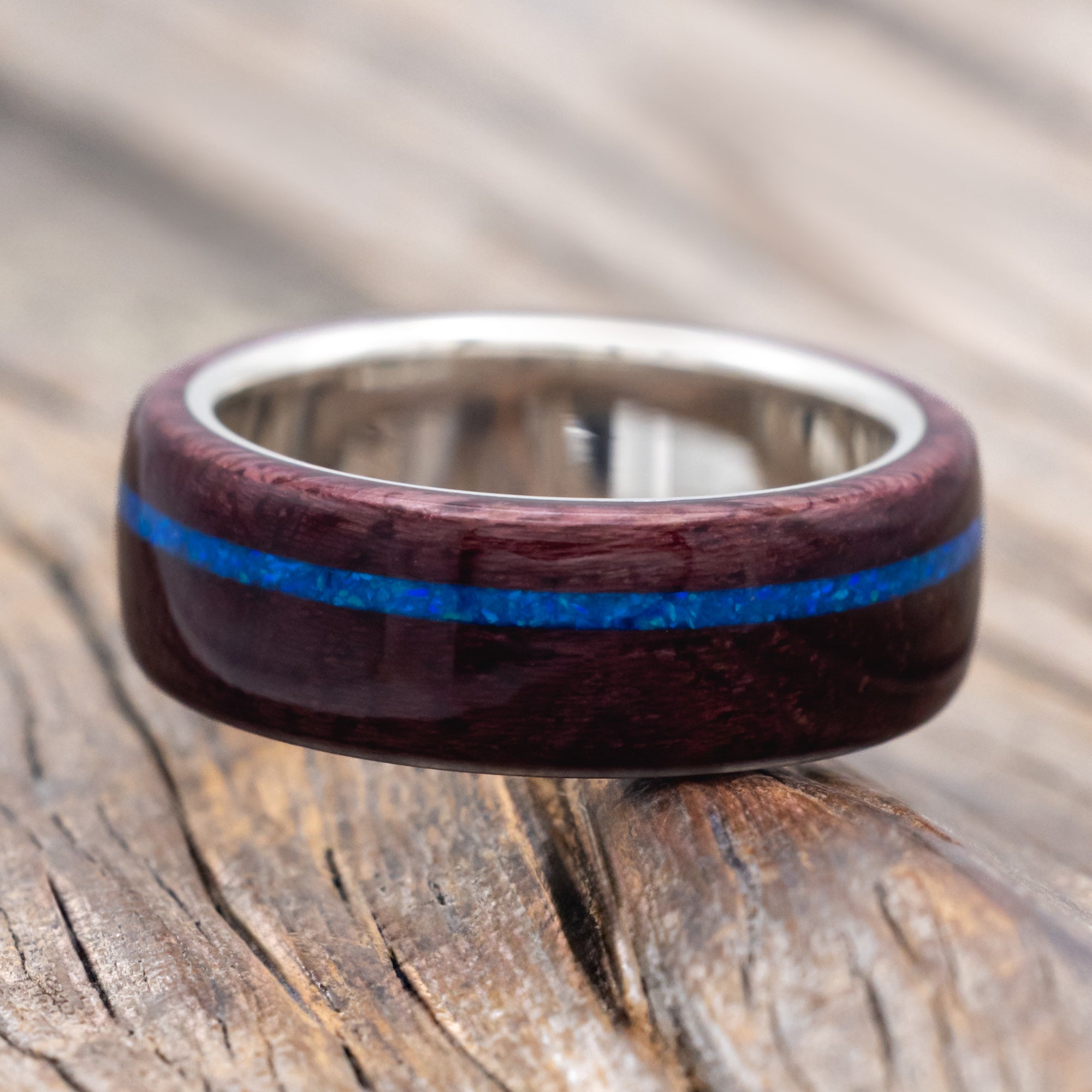 "REMMY" - PURPLE HEART WOOD WEDDING BAND WITH A BLUE OPAL INLAY-Staghead Designs