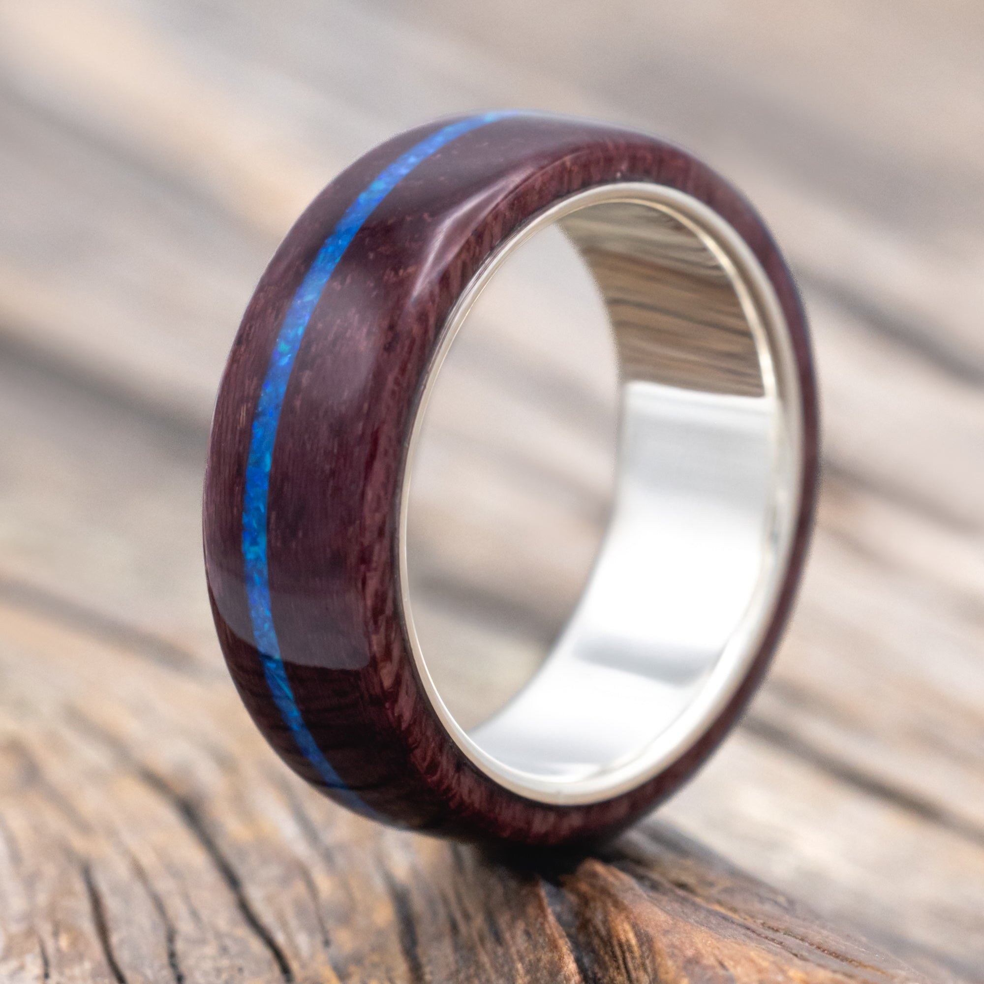 "REMMY" - PURPLE HEART WOOD WEDDING BAND WITH A BLUE OPAL INLAY-Staghead Designs