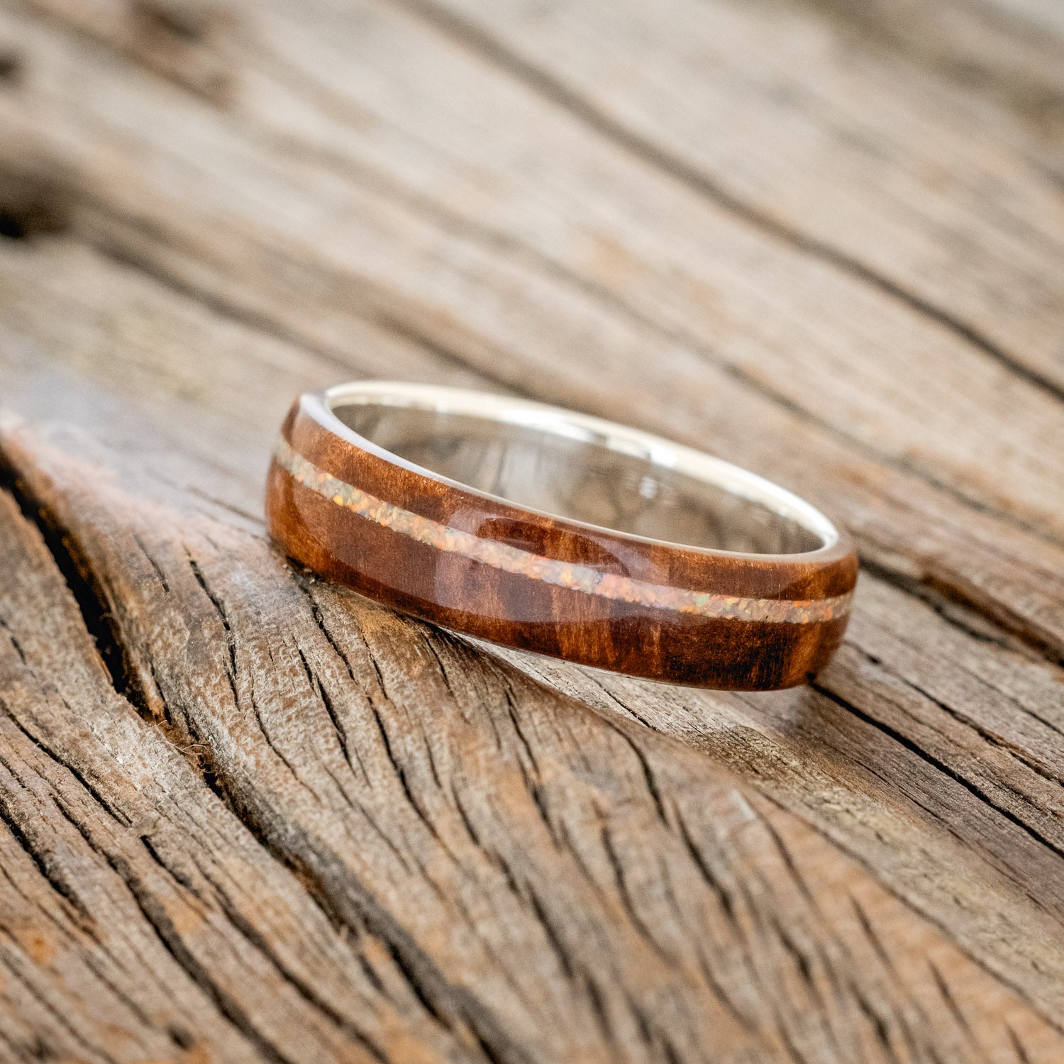 "REMMY" - REDWOOD & FIRE & ICE OPAL INLAY WEDDING RING-2