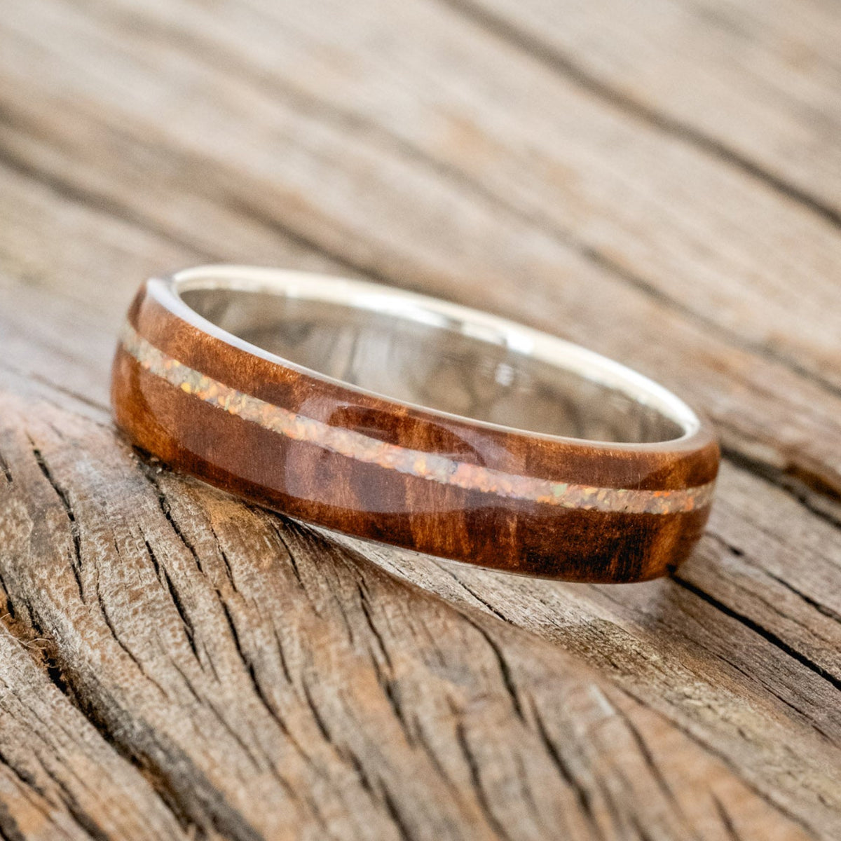 "REMMY" - REDWOOD & FIRE & ICE OPAL INLAY WEDDING RING-2