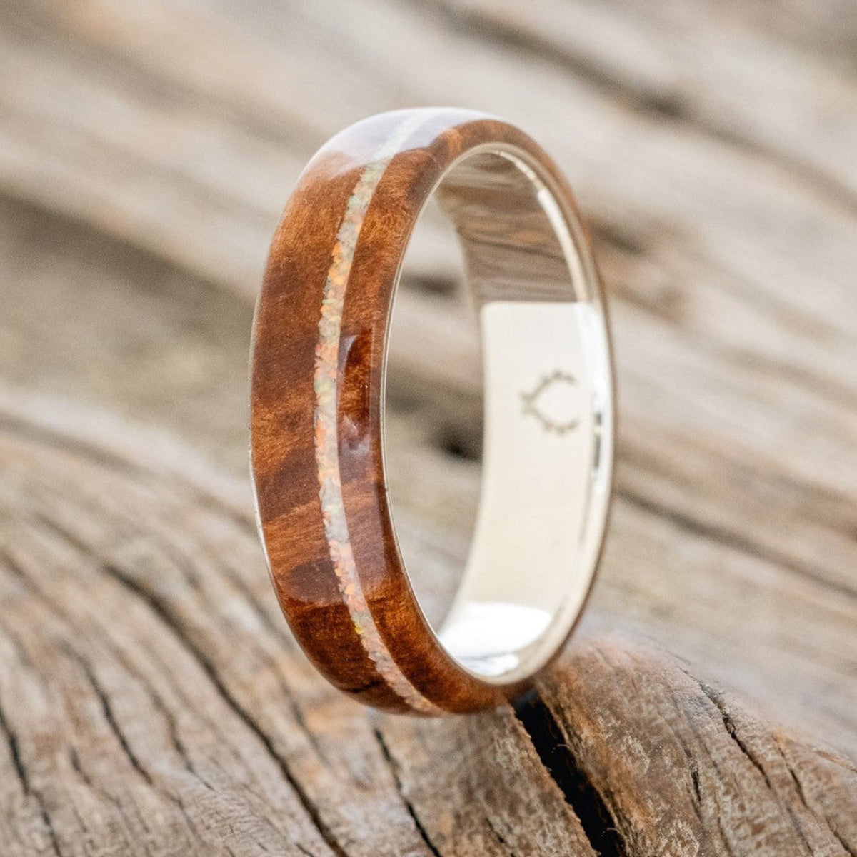 "REMMY" - REDWOOD & FIRE & ICE OPAL INLAY WEDDING RING-1