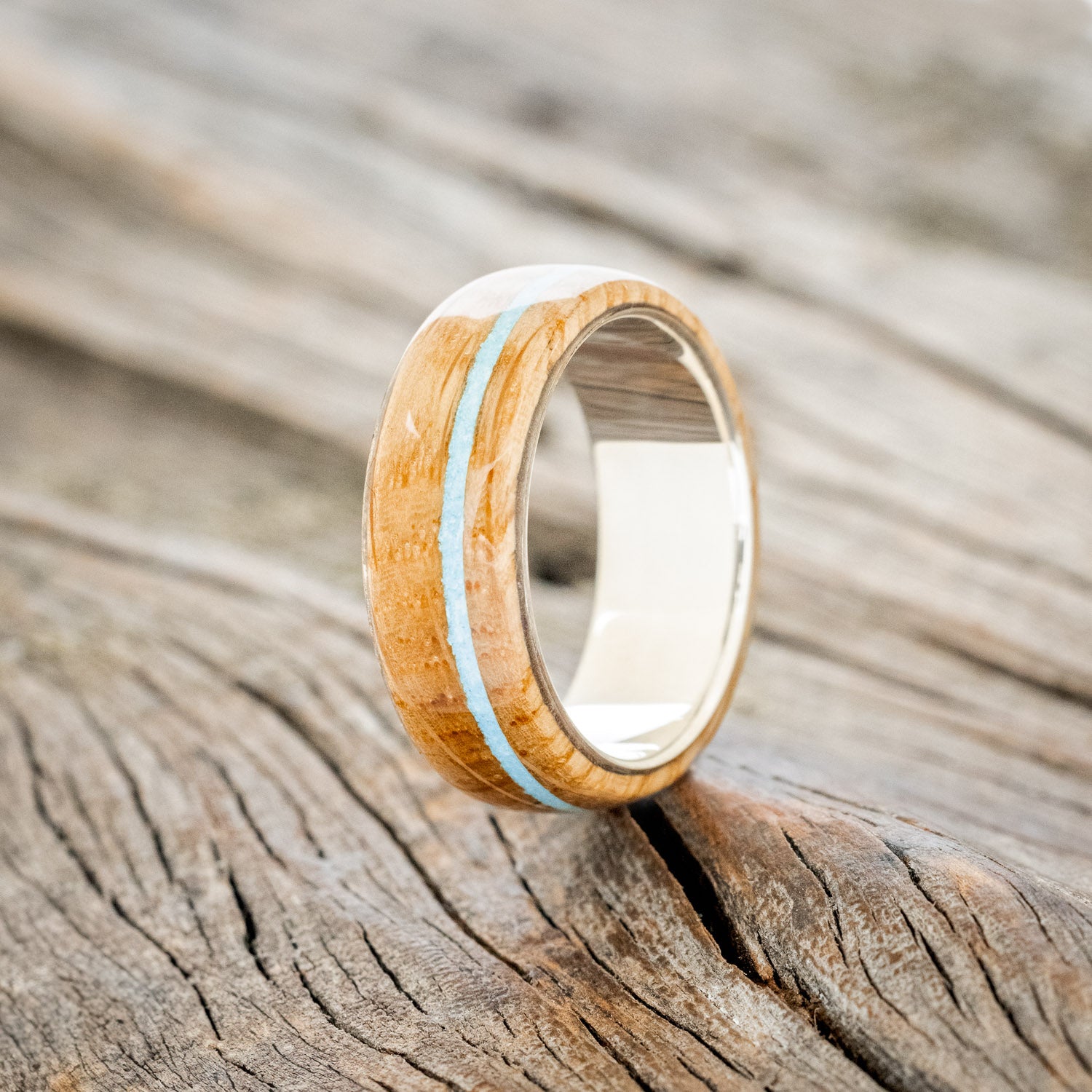 "REMMY" - WHISKEY BARREL OAK & TURQUOISE WEDDING BAND-7