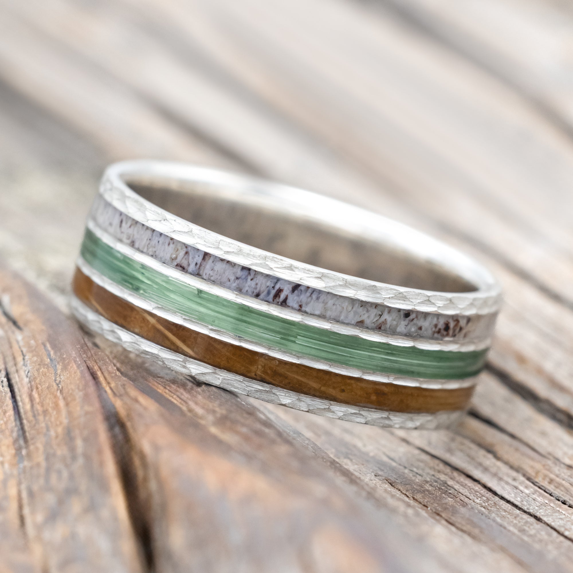 "RIO" - ANTLER, WHISKEY BARREL OAK & GREEN MONO FISHING LINE WEDDING BAND WITH A HAMMERED FINISH-Staghead Designs