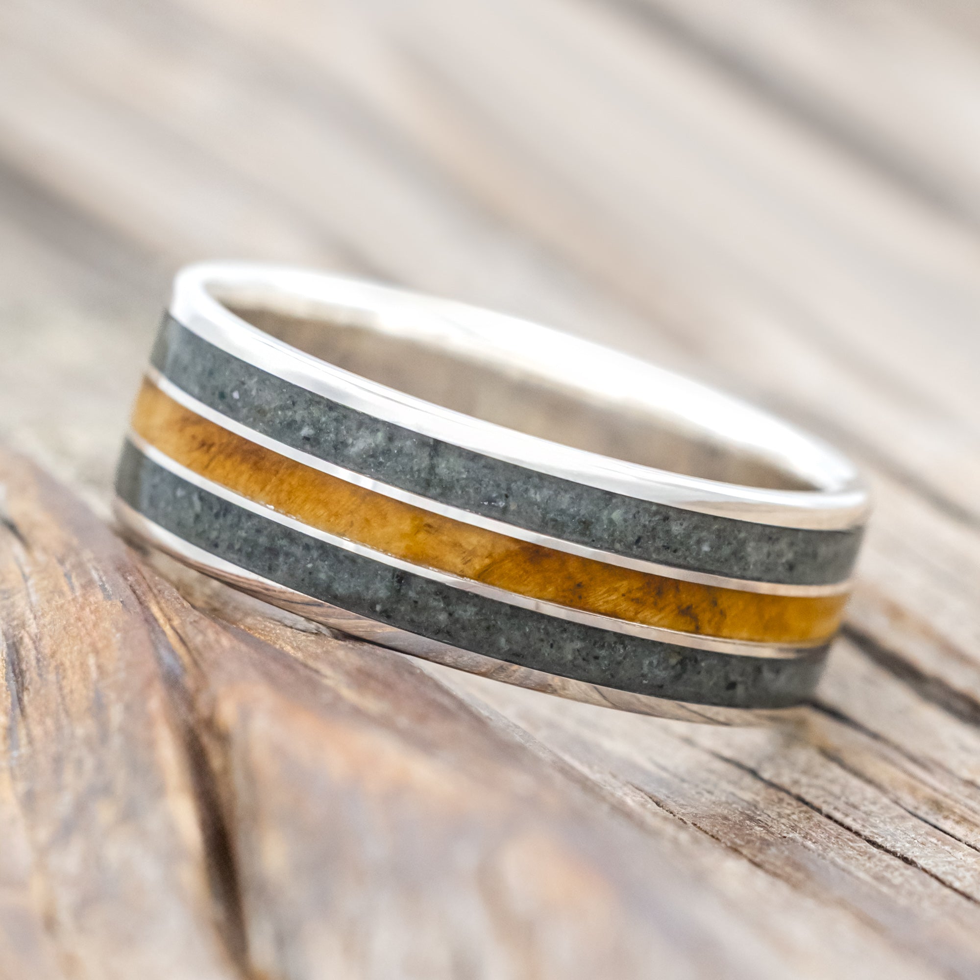 "RIO" - MOSS AGATE & BUCKEYE BURL WEDDING RING-Staghead Designs