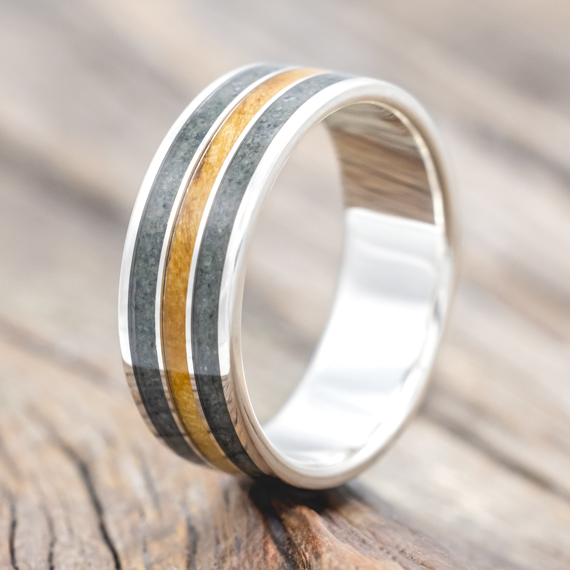 "RIO" - MOSS AGATE & BUCKEYE BURL WEDDING RING-Staghead Designs