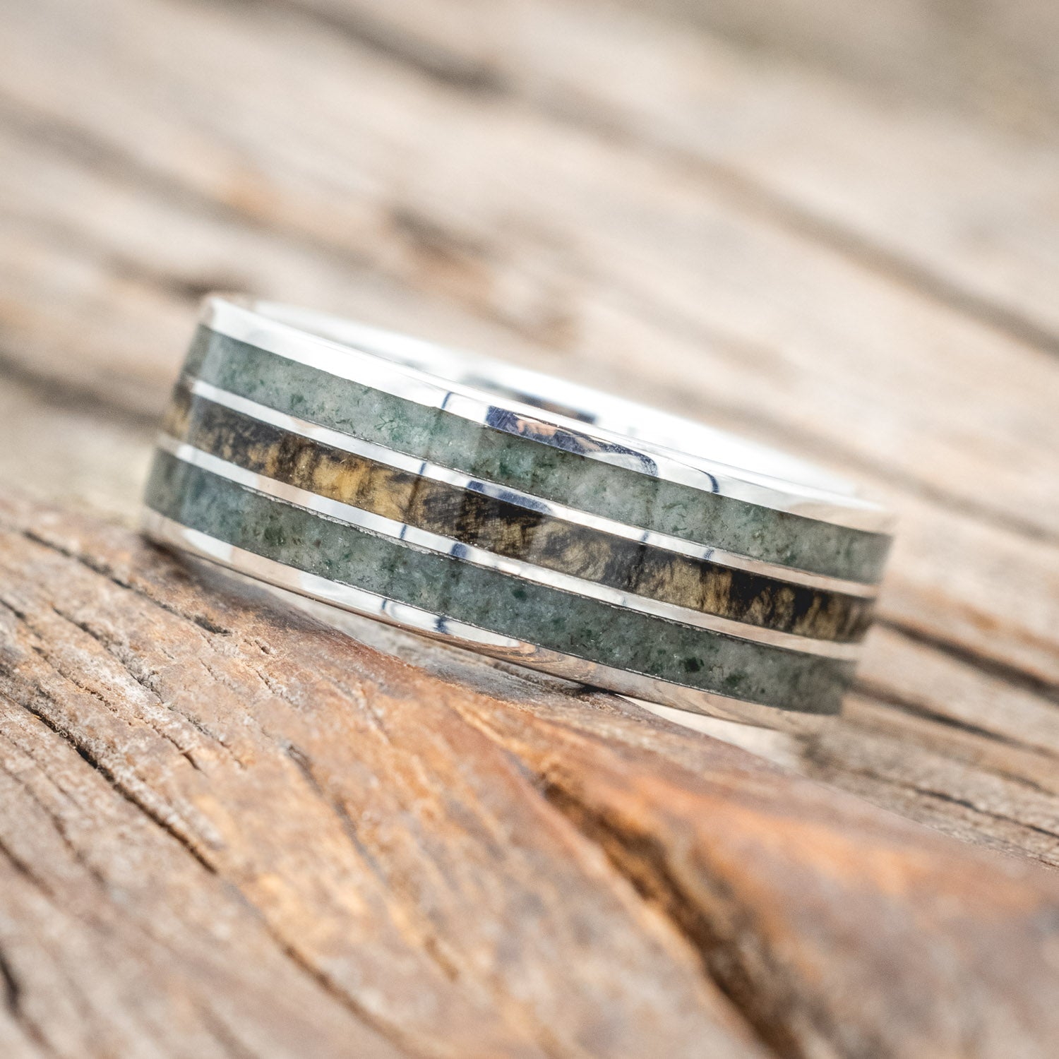 "RIO" - MOSS AGATE & BUCKEYE BURL WEDDING RING-Staghead Designs