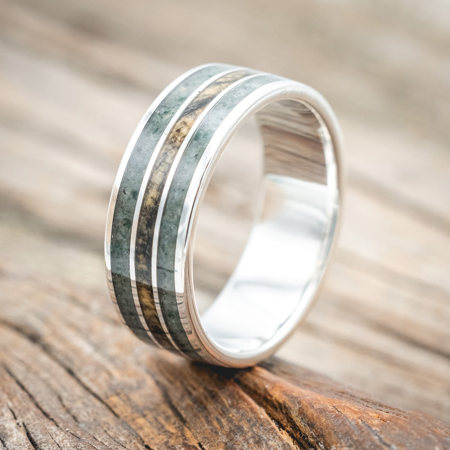 "RIO" - MOSS AGATE & BUCKEYE BURL WEDDING RING-Staghead Designs