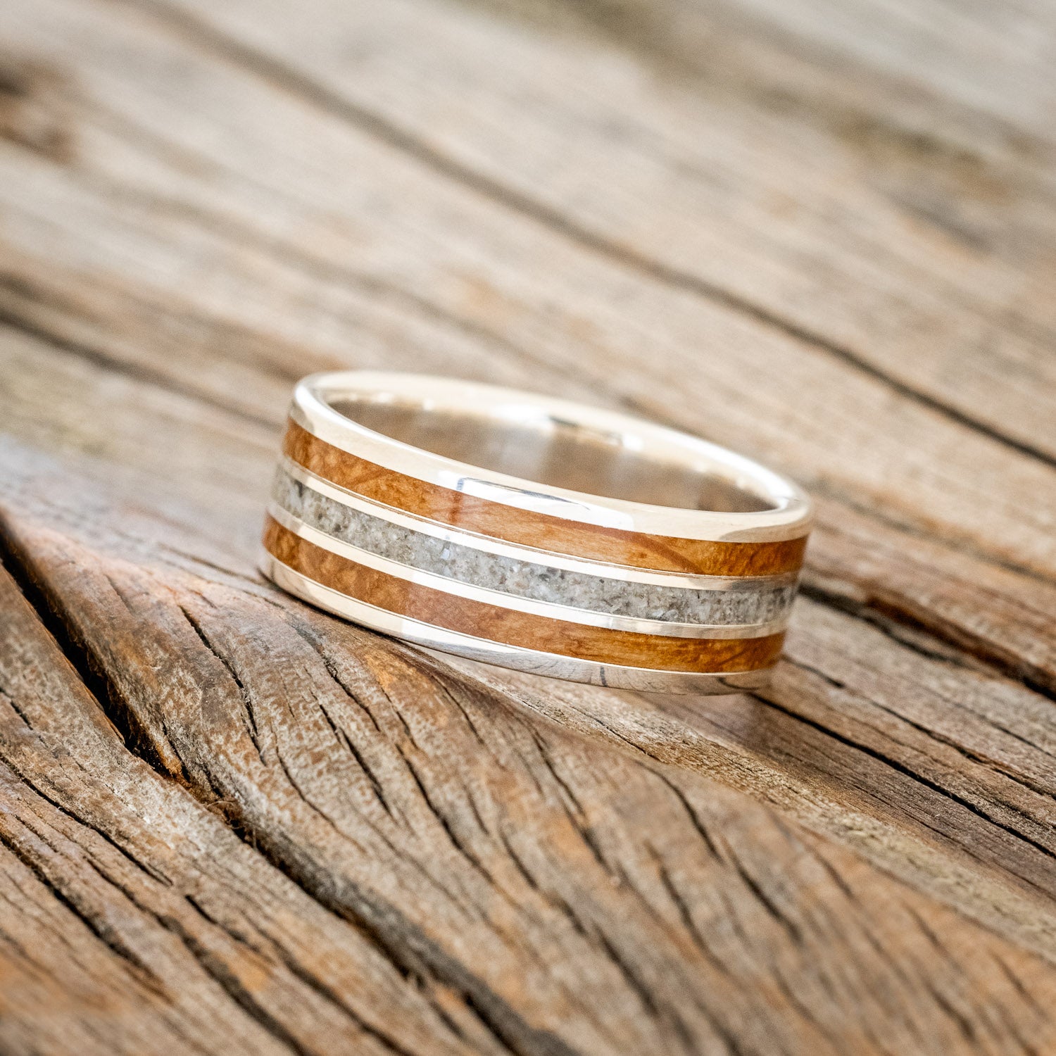 "RIO" - WHISKEY BARREL OAK & CRUSHED BLACK PEARL WEDDING RING-8