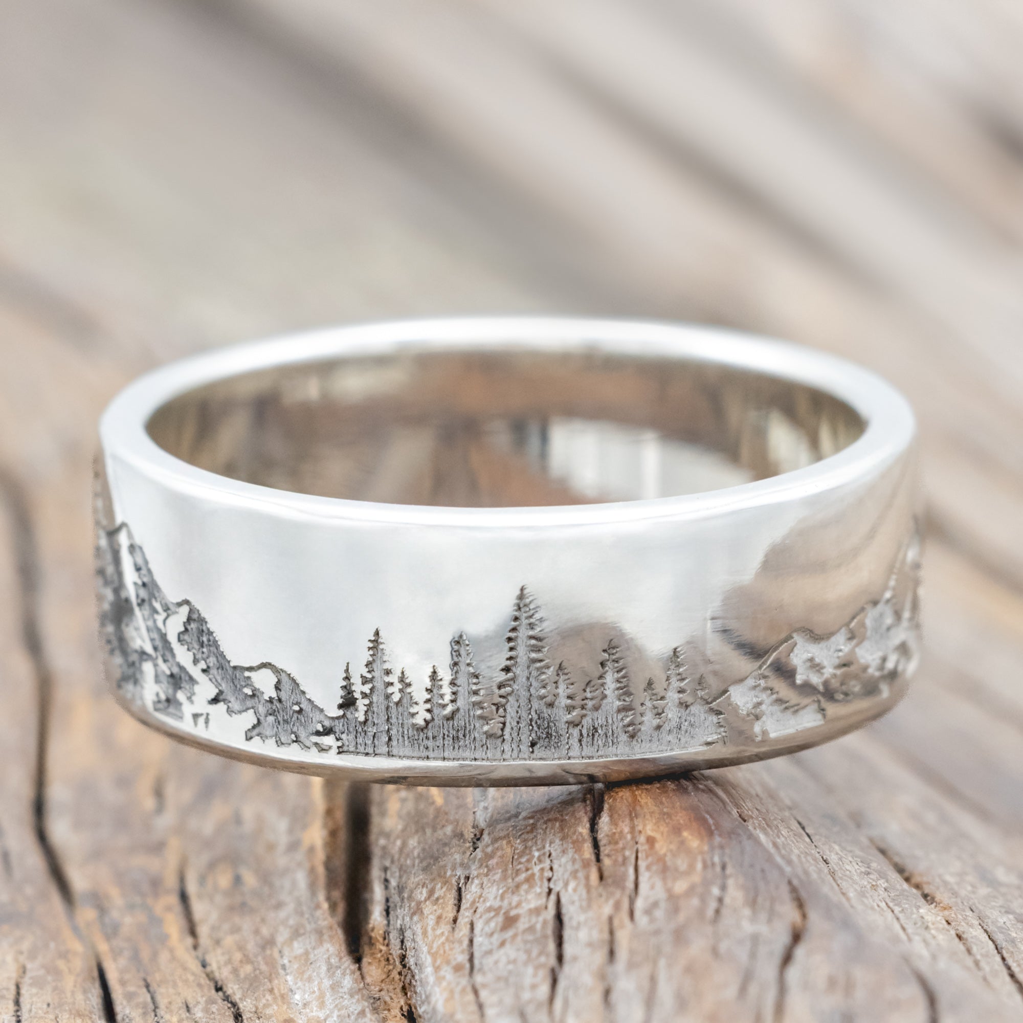 "ROSS" - MOUNTAIN & FOREST ENGRAVED WEDDING BAND-Staghead Designs