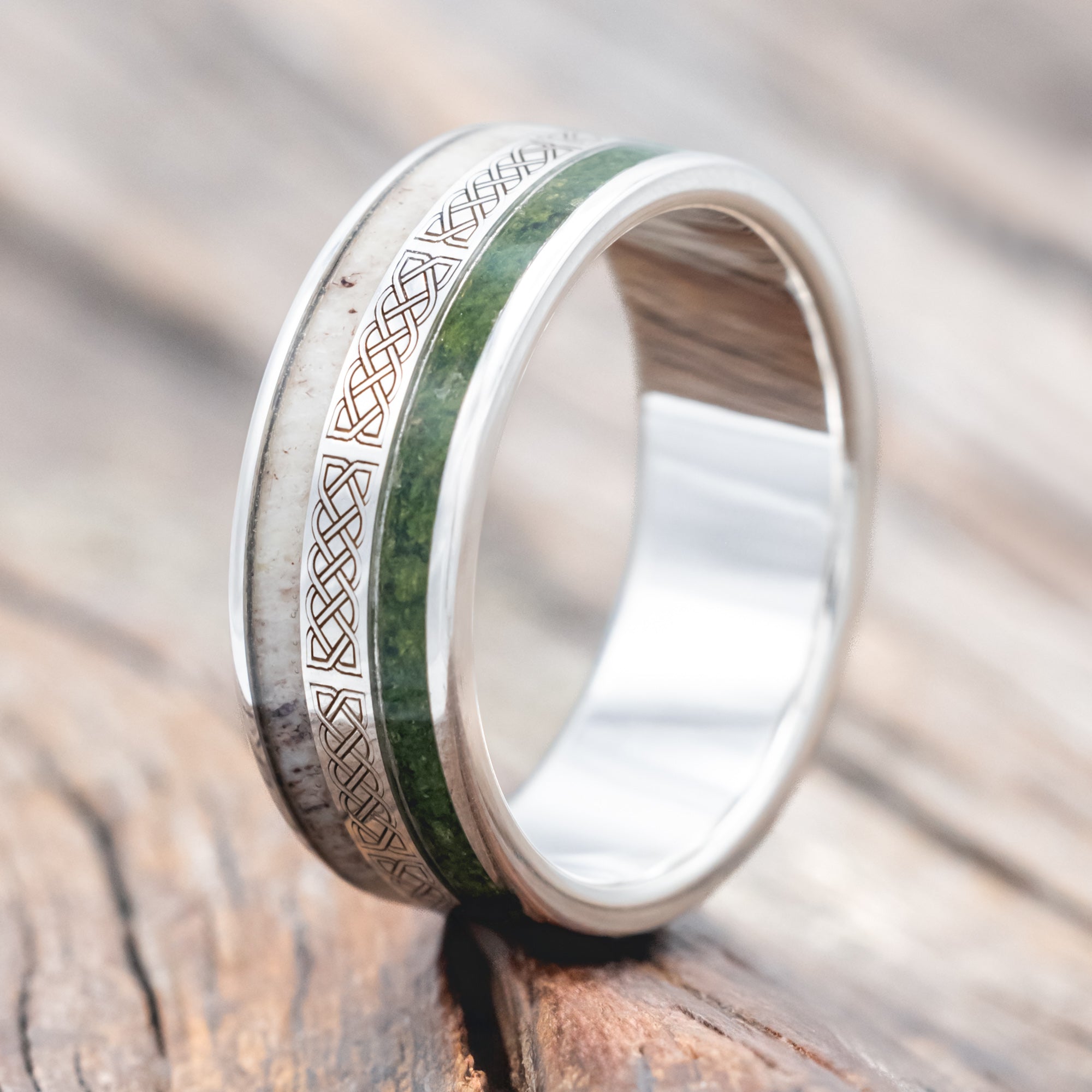"RYDER" - CELTIC SAILOR'S KNOT ENGRAVED WEDDING BAND WITH ANTLER & MOSS-Staghead Designs