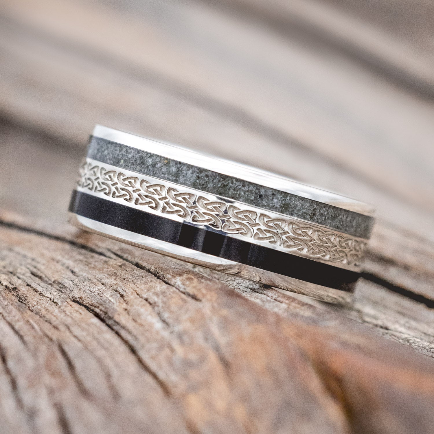 "RYDER" - CELTIC LOVE KNOT ENGRAVED BAND WITH CRUSHED MOSS AGATE & JET STONE INLAYS-Staghead Designs