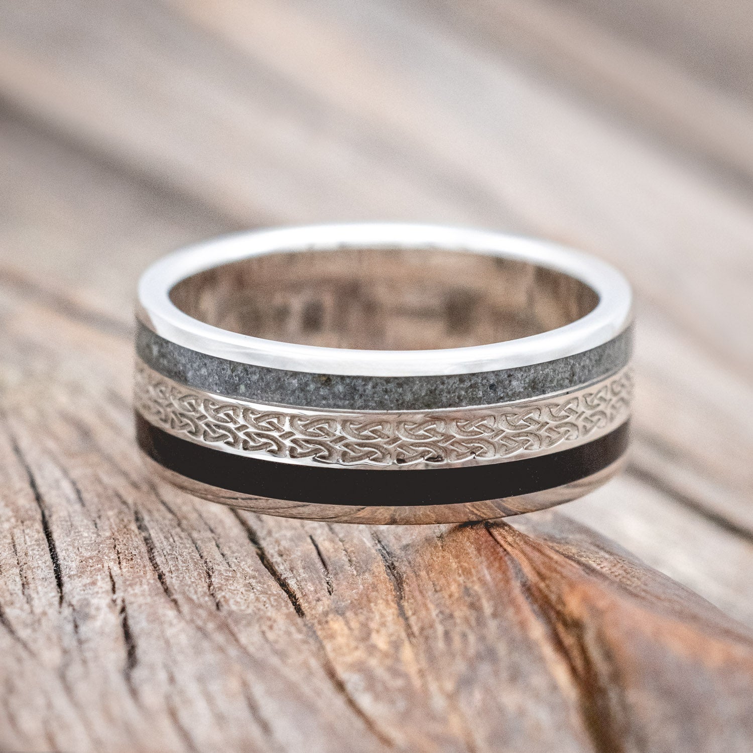 "RYDER" - CELTIC LOVE KNOT ENGRAVED BAND WITH CRUSHED MOSS AGATE & JET STONE INLAYS-Staghead Designs