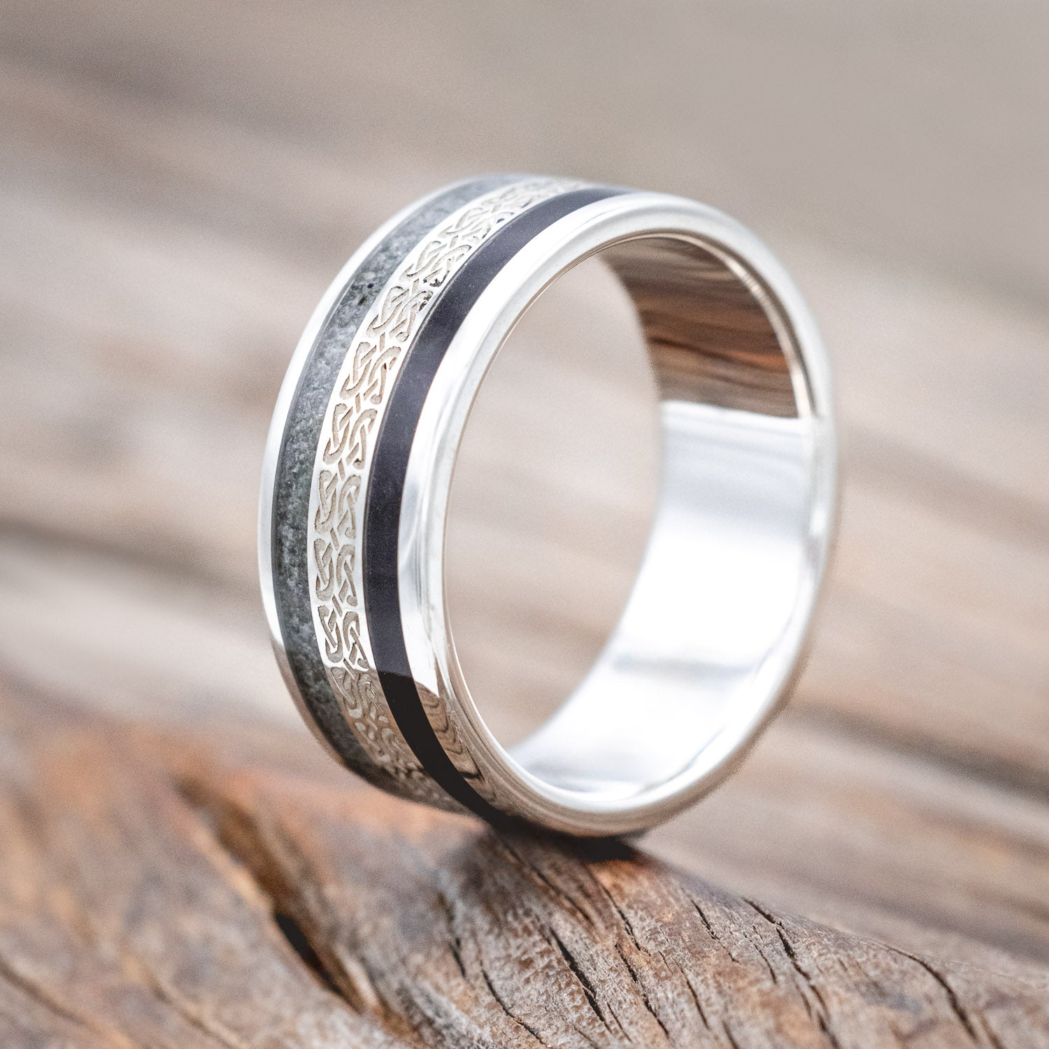 "RYDER" - CELTIC LOVE KNOT ENGRAVED BAND WITH CRUSHED MOSS AGATE & JET STONE INLAYS-Staghead Designs