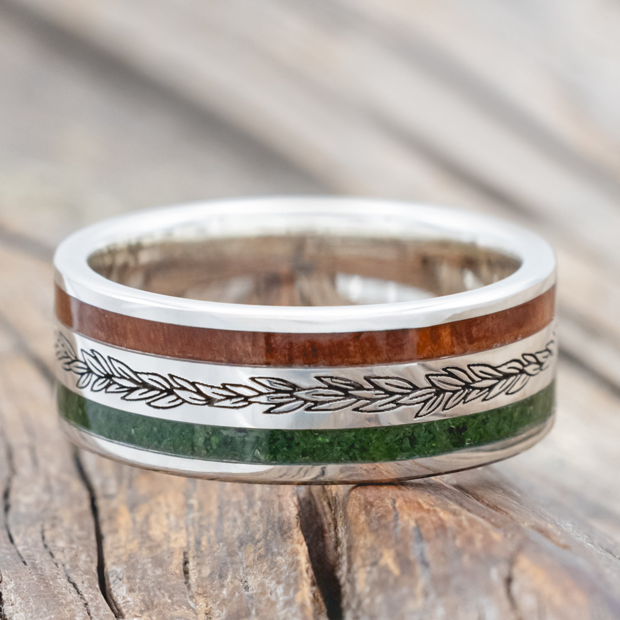 "Ryder" - Laurel Engraved Wedding Ring With Redwood & Moss-Staghead Designs