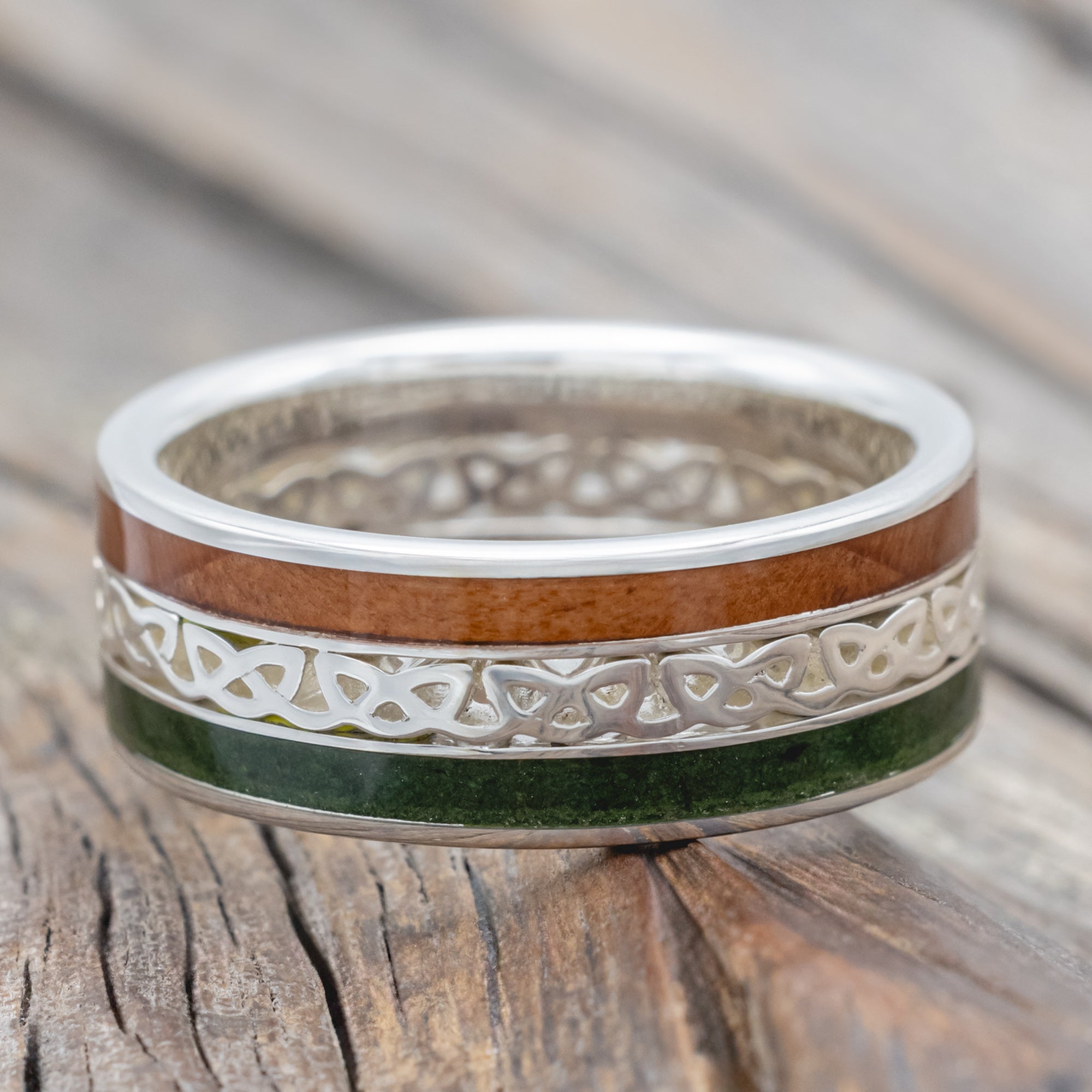 "Ryder" - Moss & Redwood Wedding Ring With Celtic Love Knot Cutout