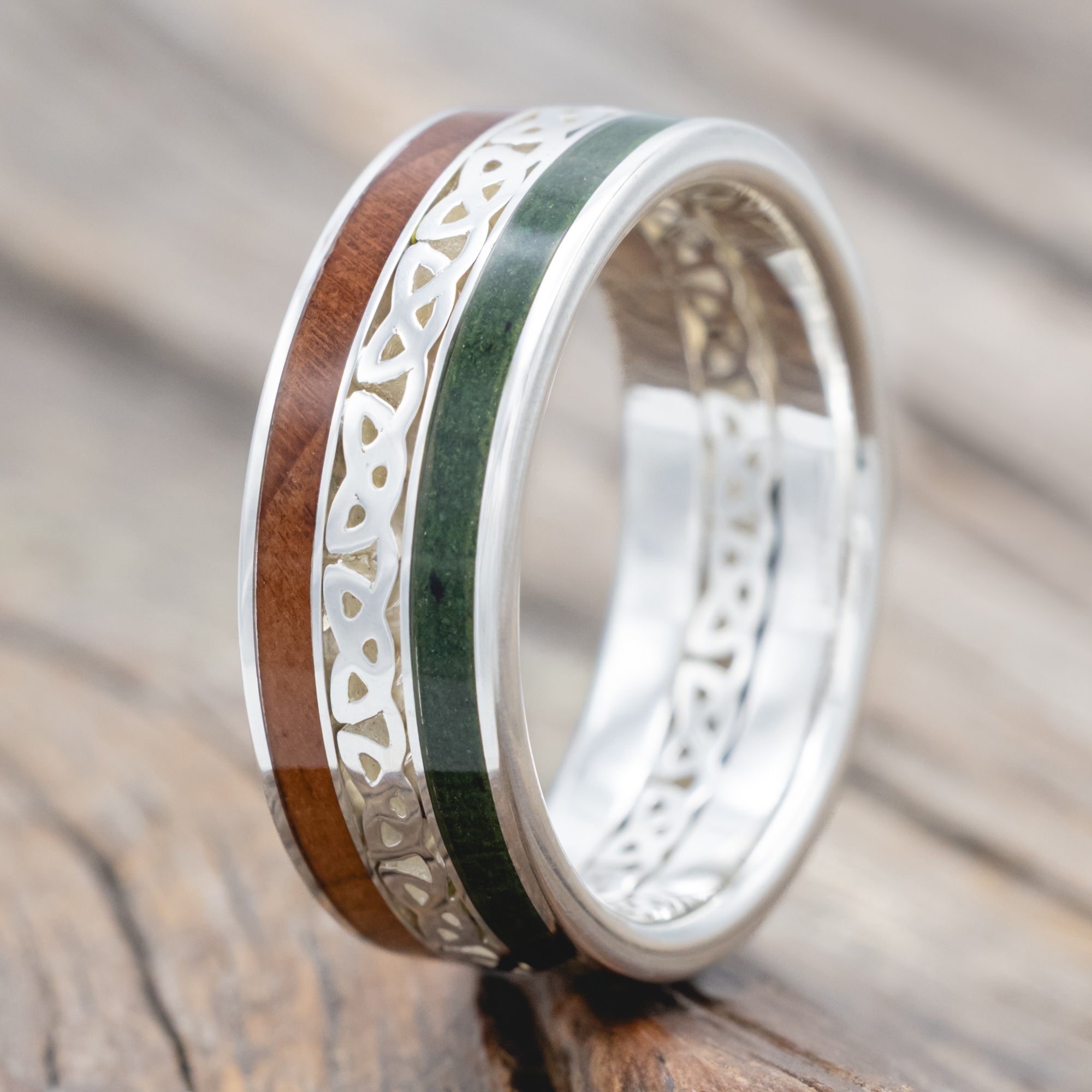 "Ryder" - Moss & Redwood Wedding Ring With Celtic Love Knot Cutout