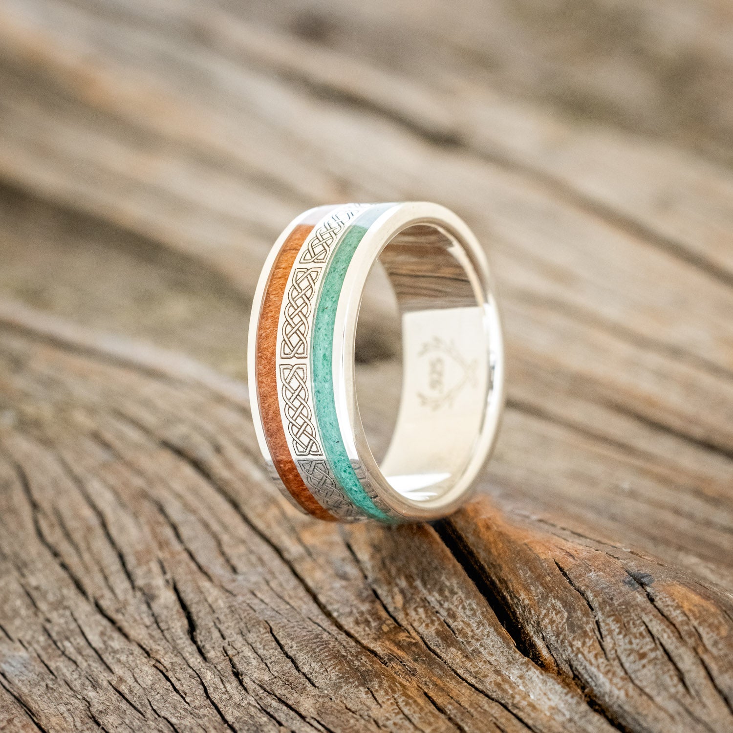 "RYDER" - CELTIC SAILOR'S KNOT ENGRAVED, MALACHITE & IRONWOOD WEDDING RING-4