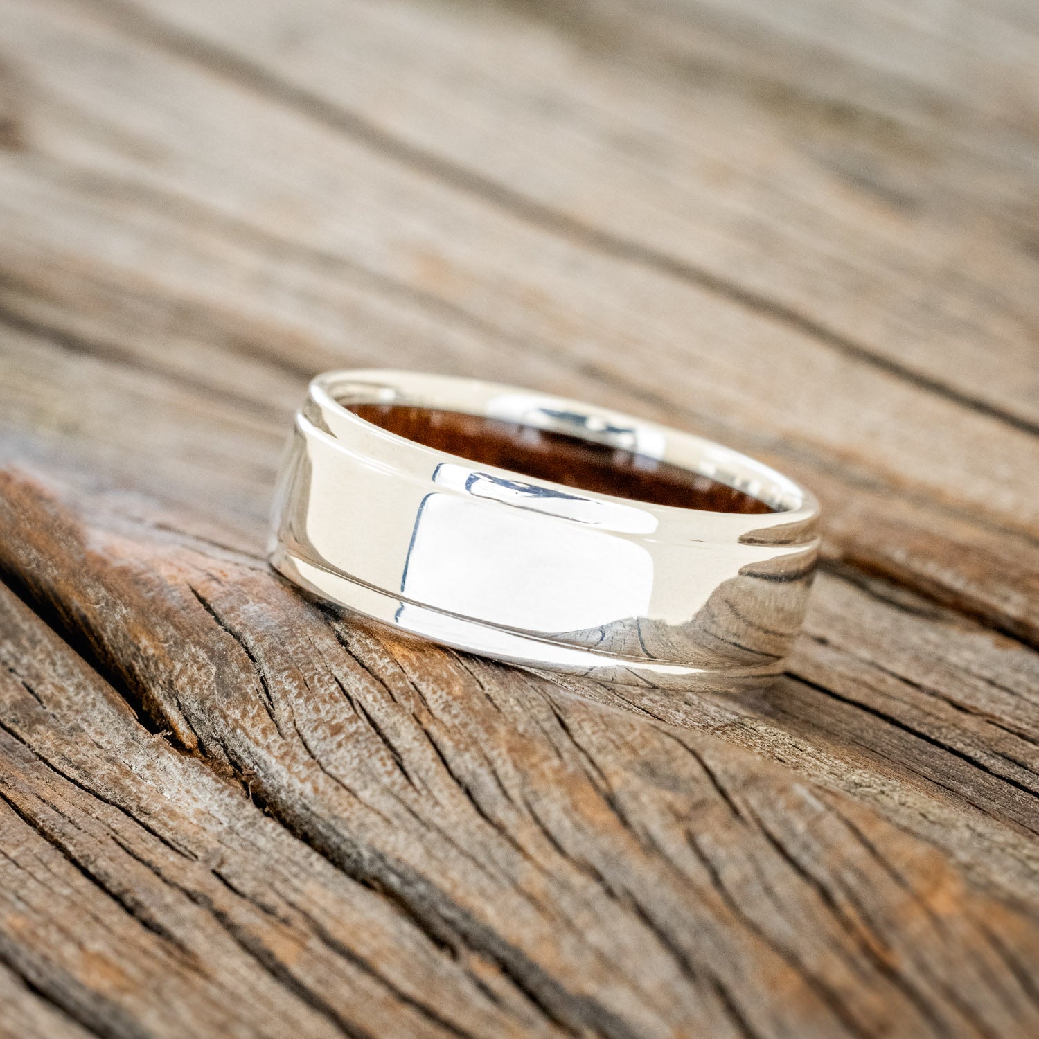 "SEDONA" - RAISED CENTER WEDDING RING WITH AN IRONWOOD LINED BAND-14