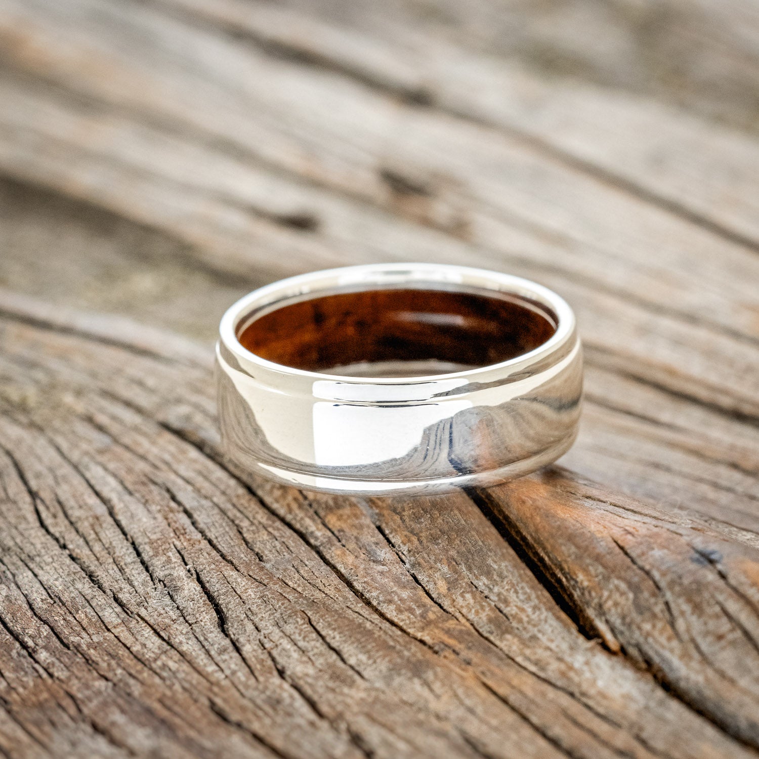 "SEDONA" - RAISED CENTER WEDDING RING WITH AN IRONWOOD LINED BAND-15